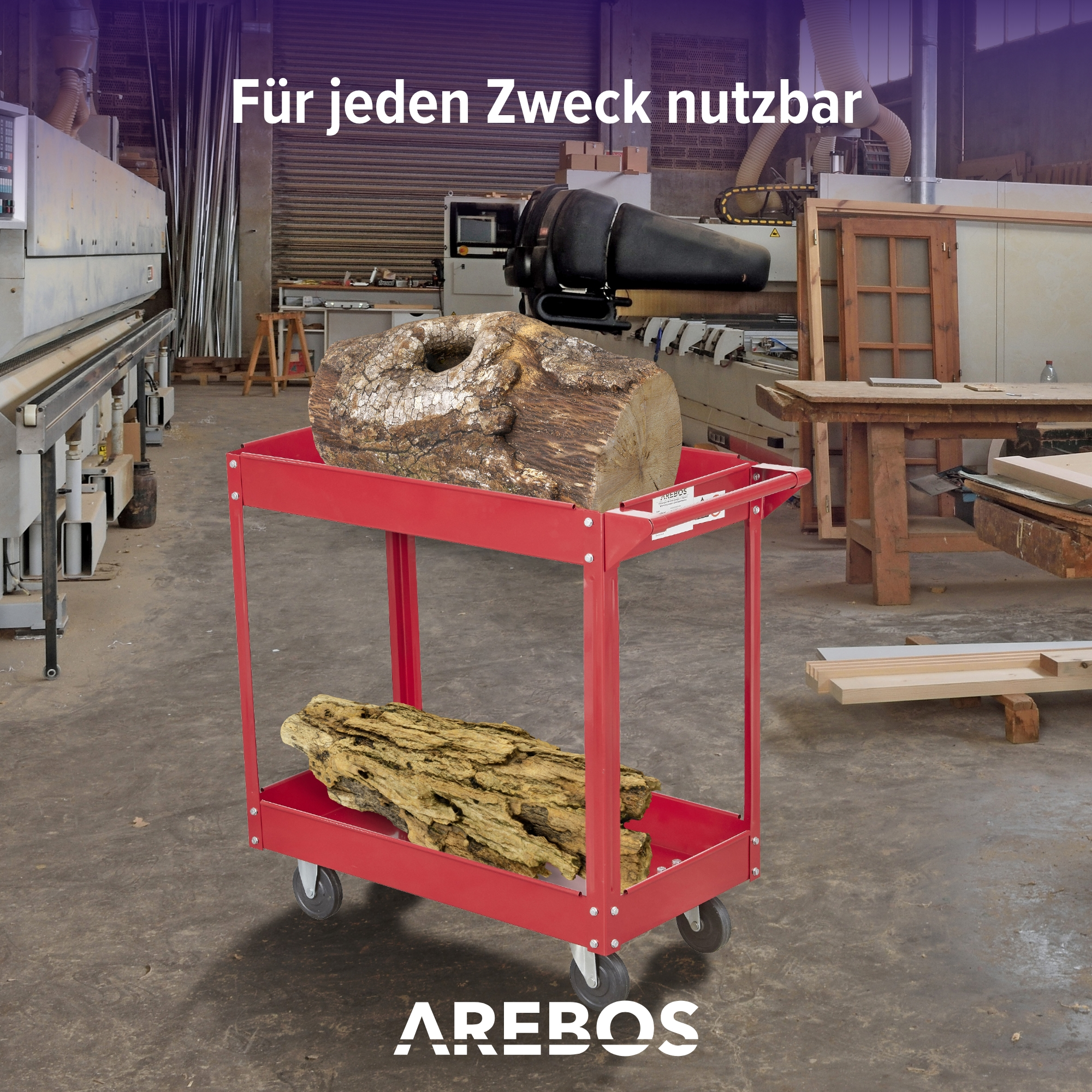 Roter Metallwagen mit Rädern und drei Ablagen, mit einem Baumstamm und einem Holzstück. Für jeden Zweck geeignet.