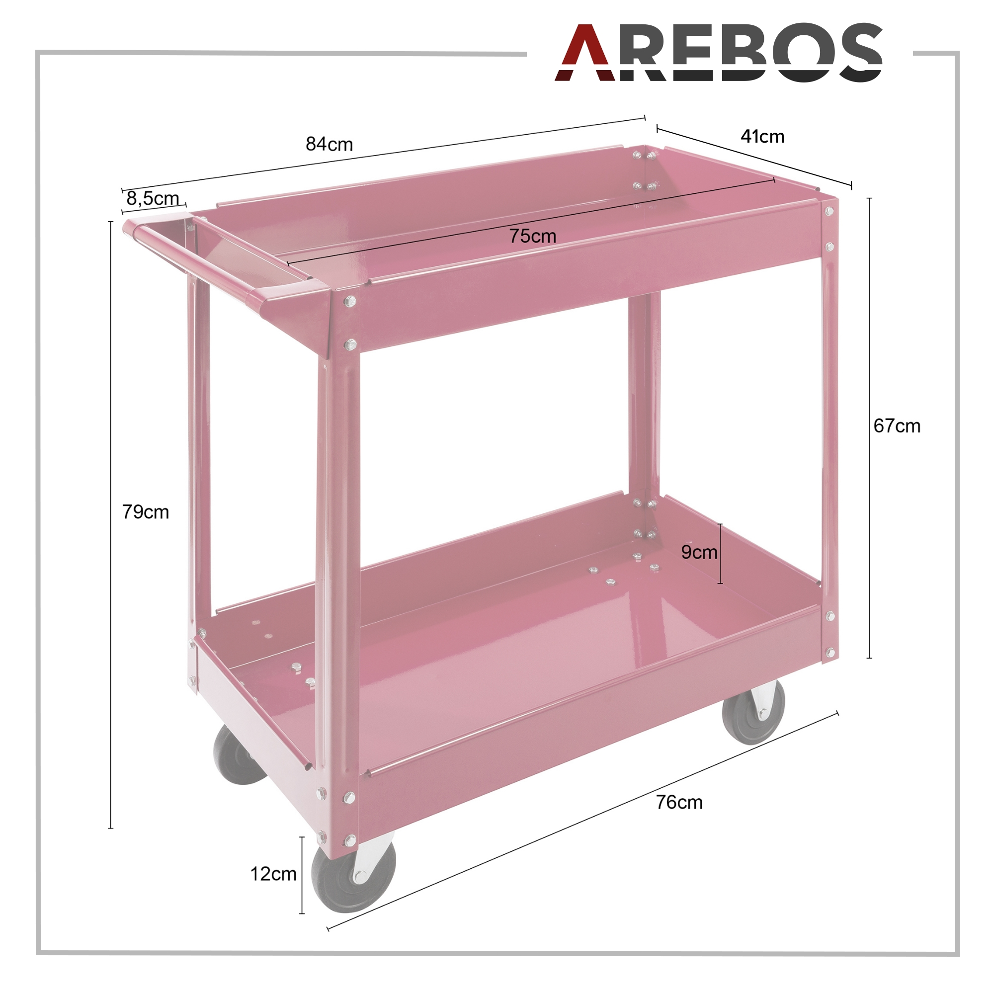 Rosa Metallwagen mit Maßen, Rädern und zwei Ablagen, AREBOS-Logo oben. Maße sind beschriftet.