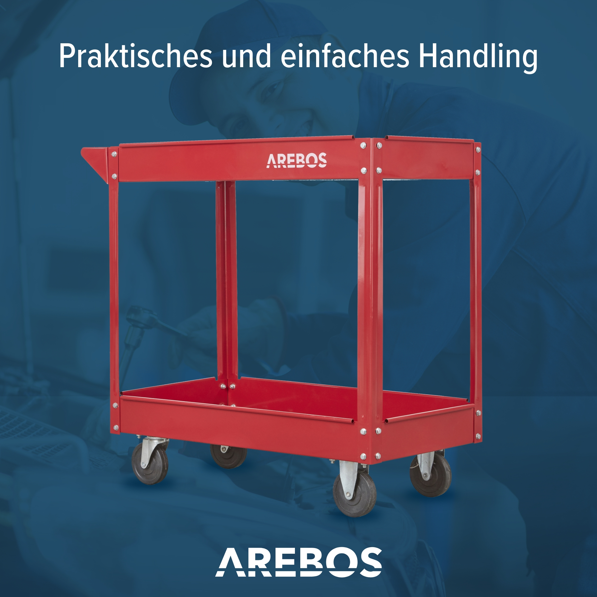 Roter Metallwagen mit Rädern und zwei Ablagen. Mann im Hintergrund, mit dem Text: Praktische und einfache Handhabung.