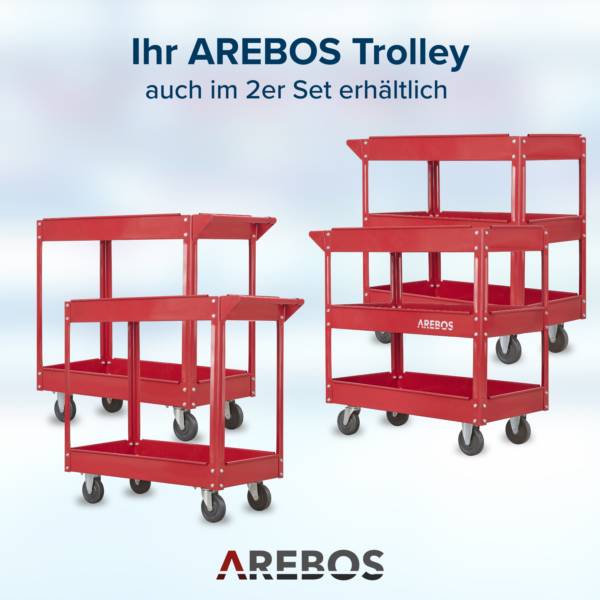 Vier rote Metallwagen mit Rädern und zwei Ablagen. AREBOS-Logo oben. Satz von Wagen wird gezeigt.