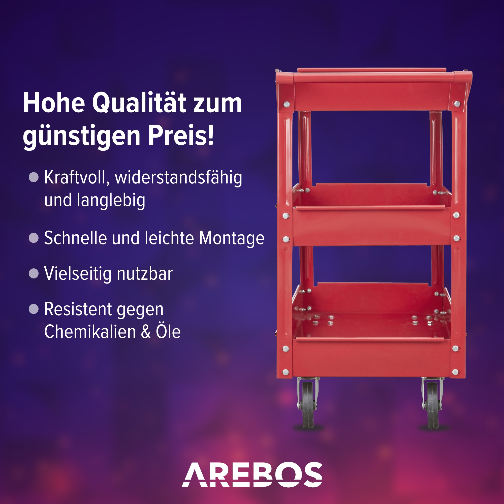 Roter Metallwagen mit Rädern und zwei Ablagen, Merkmale aufgelistet: langlebig, einfache Montage und vielseitig einsetzbar.