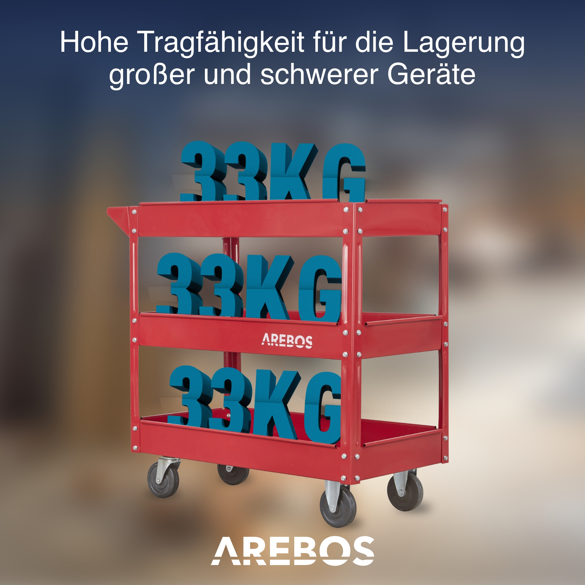 Roter Metallwagen mit Rädern und drei Ablagen, mit 33 kg Gewichtsetiketten oben und unten.
