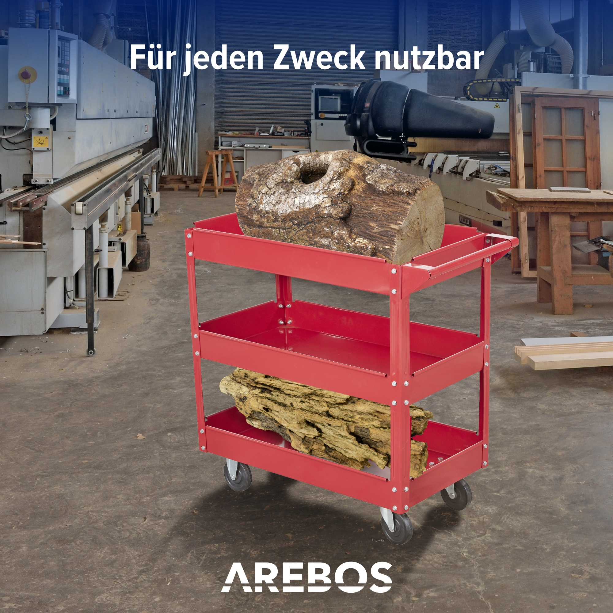 Roter Metallwagen mit Rädern und drei Ablagen, mit einem Baumstamm und einem Holzstück. Für jeden Zweck geeignet.