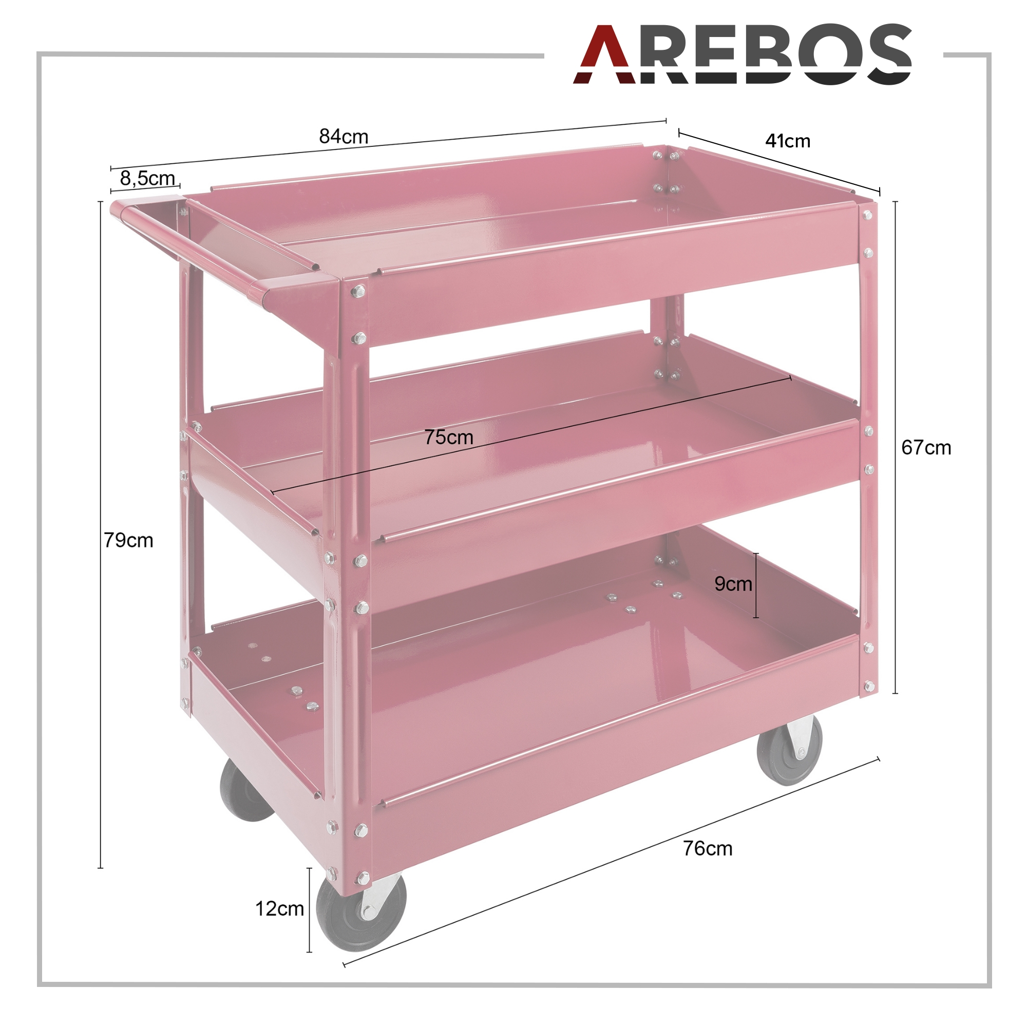 Ein rosa AREBOS-Servierwagen mit Abmessungen. Es hat drei Regale und vier Räder. Weißer Hintergrund.