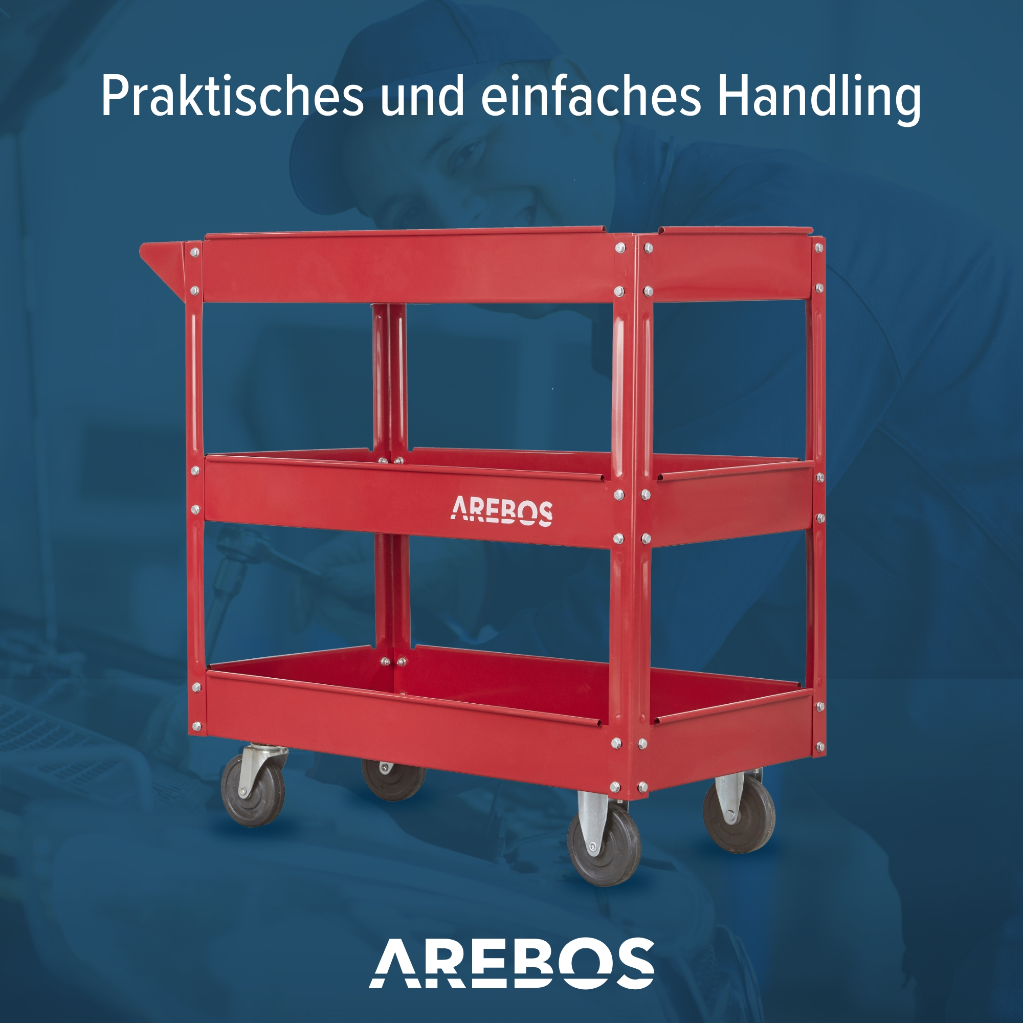 Roter Metallwagen mit Rädern und drei Ablagen. Mann im Hintergrund, mit dem Text: Praktische und einfache Handhabung.