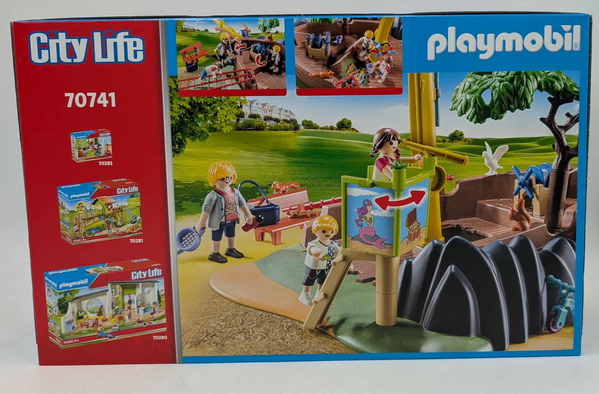 Playmobil City Life Box-Set mit Bildern von Spielsets. Es enthält einen Spielplatz, ein Haus und Figuren. Blauer Hintergrund.