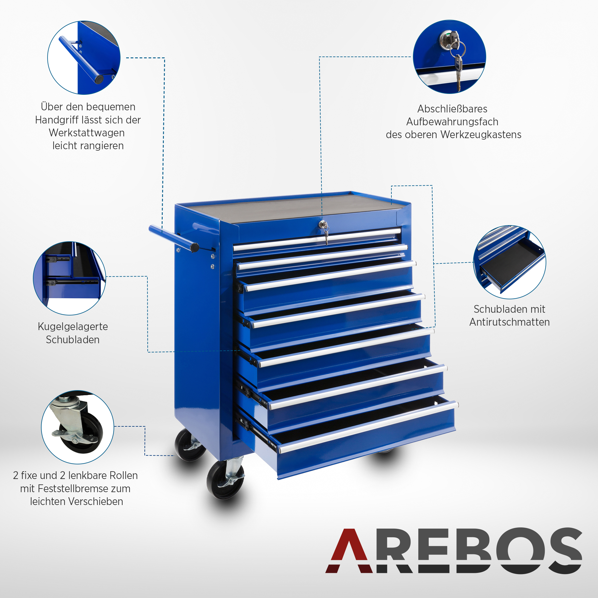 Ein blauer Werkzeugschrank mit beschrifteten Merkmalen, Schubladen und Rädern.