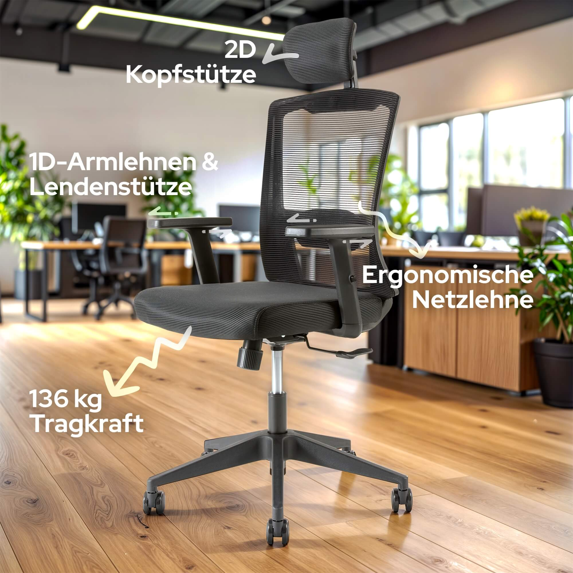 Ein Bürostuhl mit verschiedenen beschrifteten Merkmalen. Er zeigt eine Kopfstütze, Armlehnen und einen Netzrücken. Er hat 136 kg Tragkraft.
