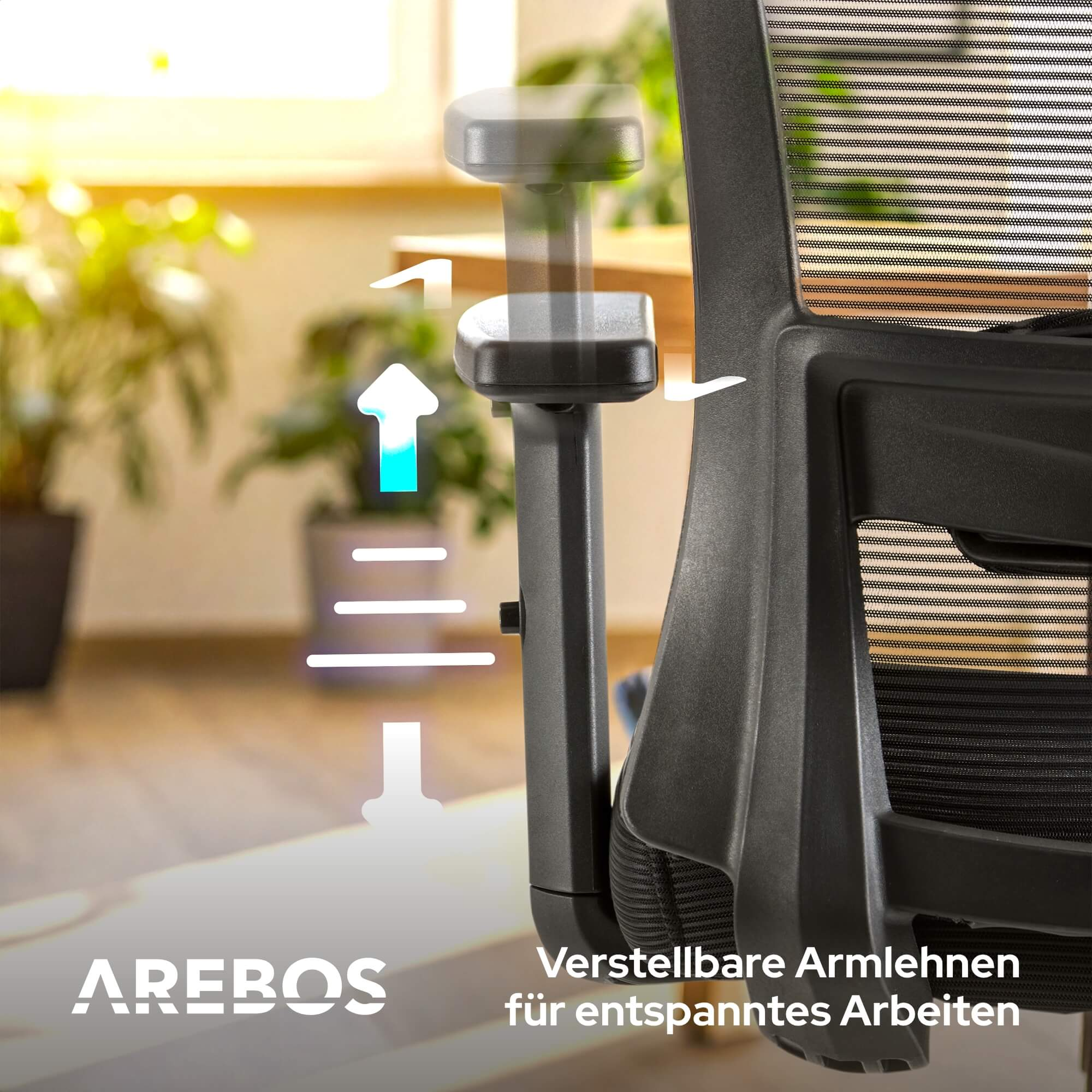 Nahaufnahme einer verstellbaren Armlehne an einem Bürostuhl. Ein Pfeil zeigt die Einstellung an. Der Markenname 'AREBOS' ist sichtbar.