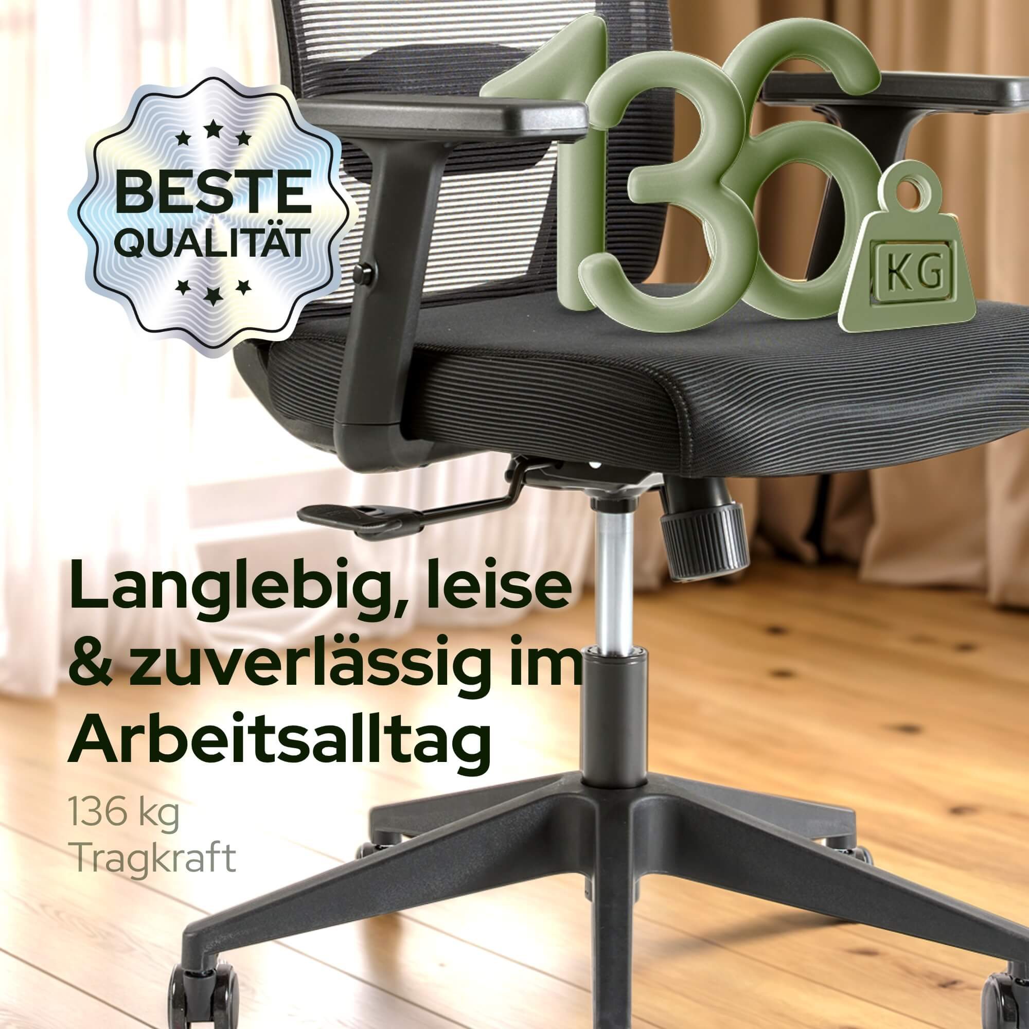 Ein Bürostuhl mit einem Aufkleber mit der Aufschrift 'BESTE QUALITÄT' und '136 kg Tragkraft'. Der Markenname 'AREBOS' ist unten.