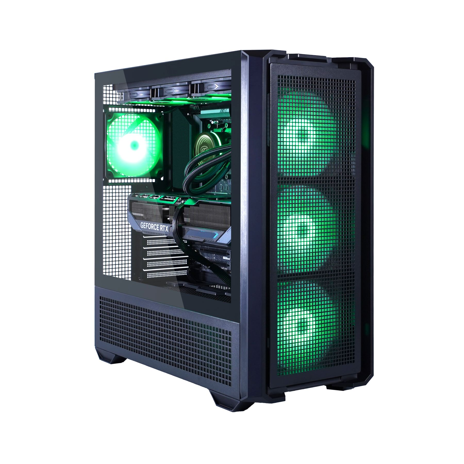 Computergehäuse mit grünen beleuchteten Lüftern, sichtbaren Komponenten und Kühlung.