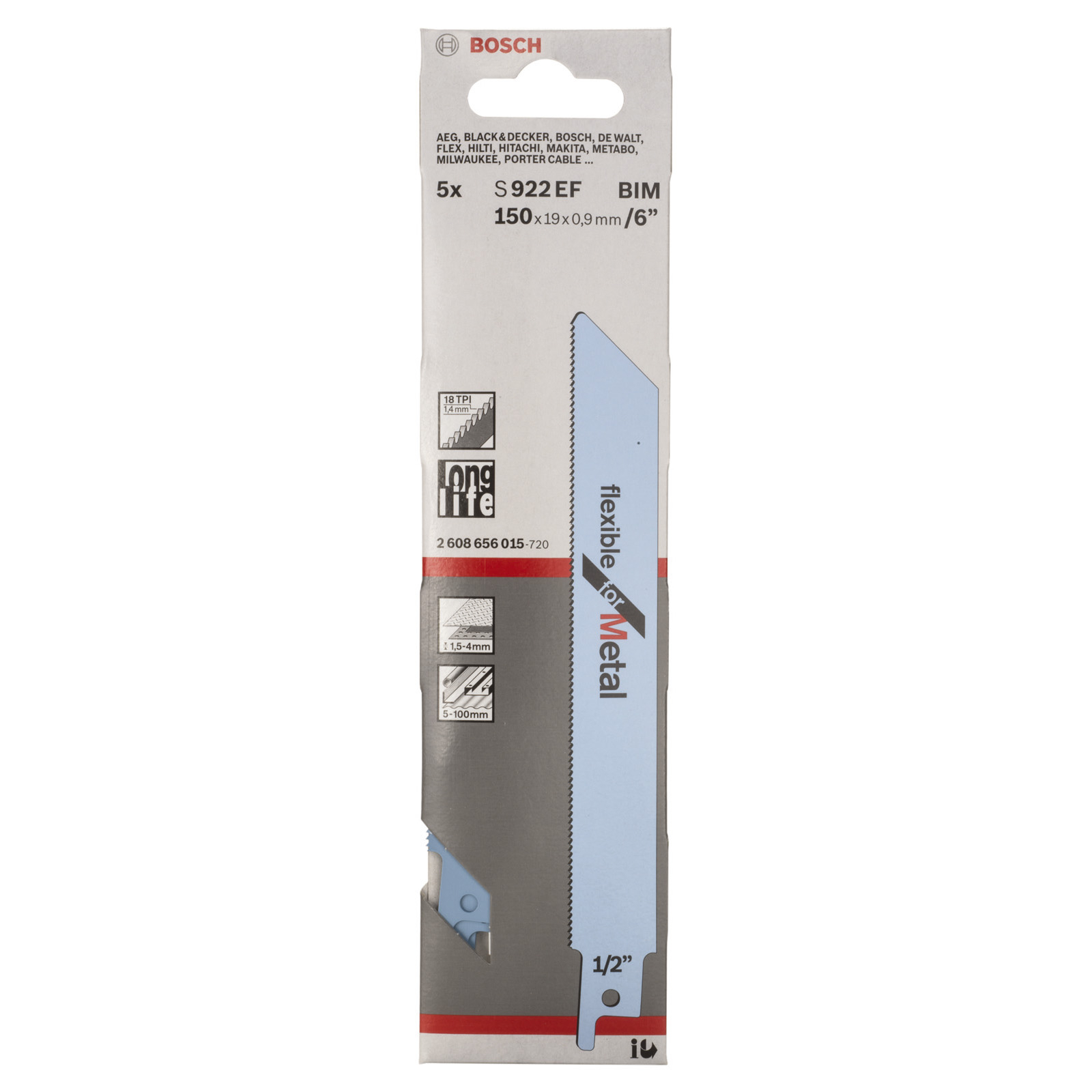 Eine Bosch-Sägeblattverpackung. Weißer Hintergrund. Text enthält 'S922 EF', 'flexible for Metal' und Abmessungen.