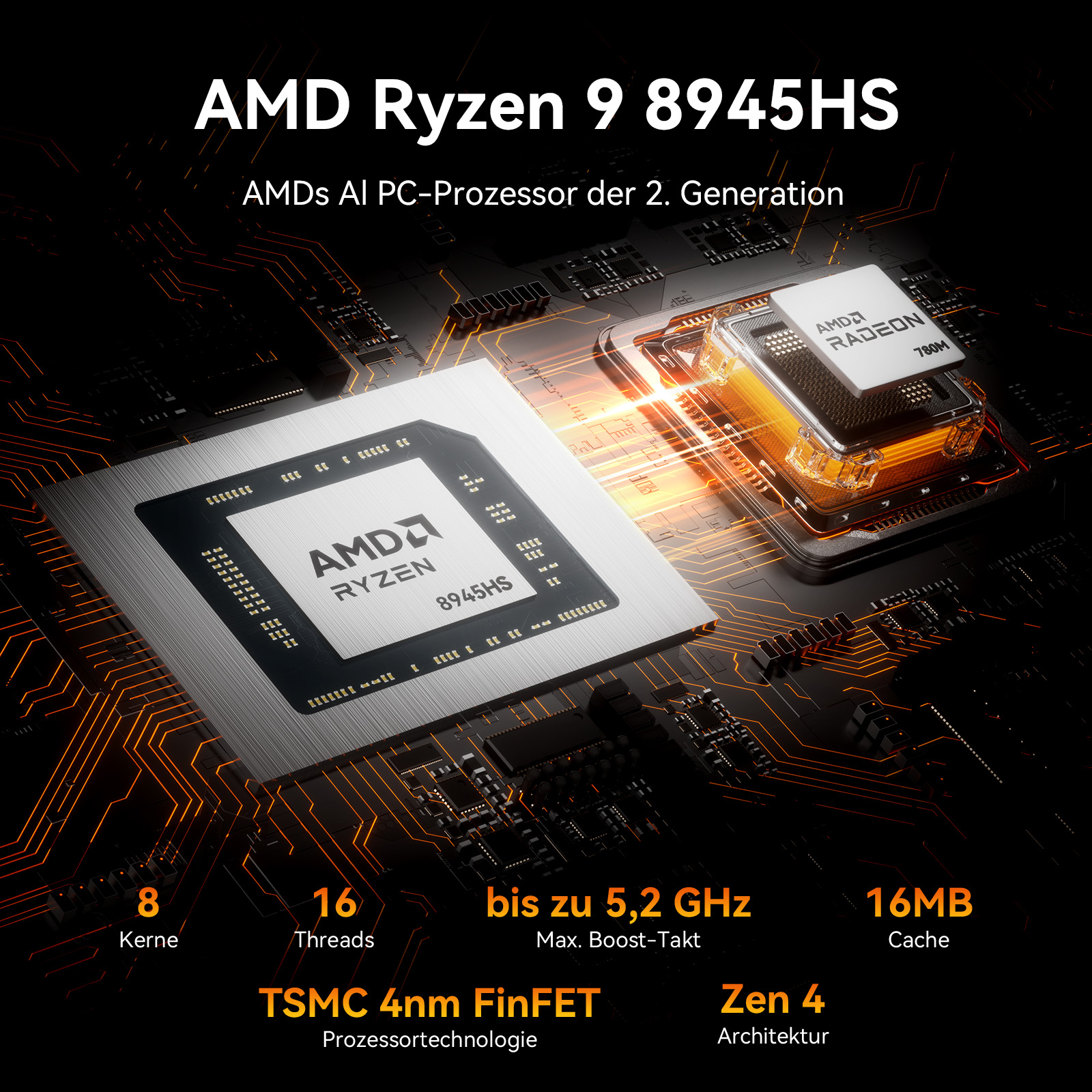 Nahaufnahme eines AMD Ryzen 9 8945HS Prozessors mit Komponenten und Spezifikationen vor einem Leiterplattendesign.