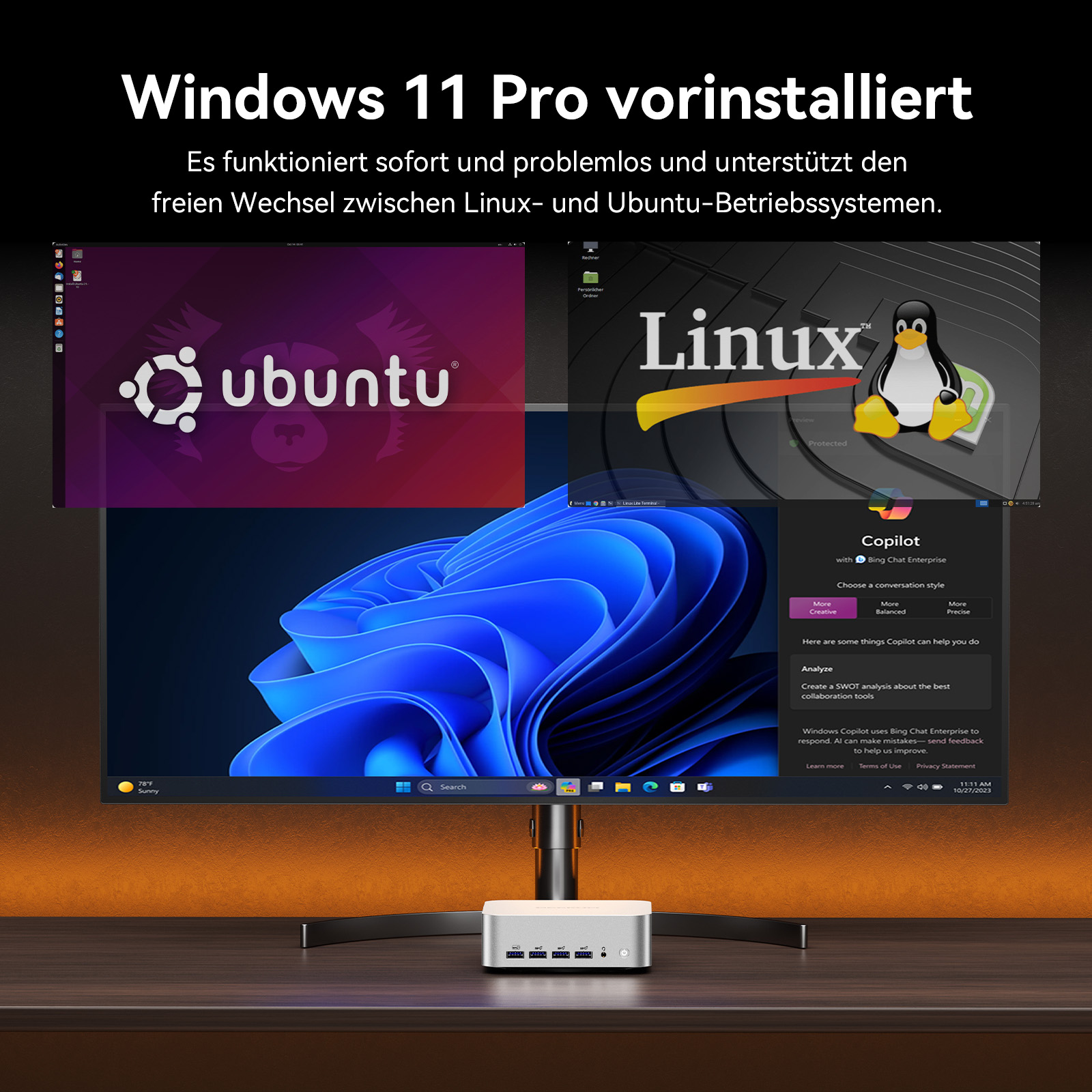 Ein Monitor mit Ubuntu-, Linux- und Windows 11 Pro-Oberflächen. Ein Mini-PC steht unter dem Monitor auf einem Holztisch.