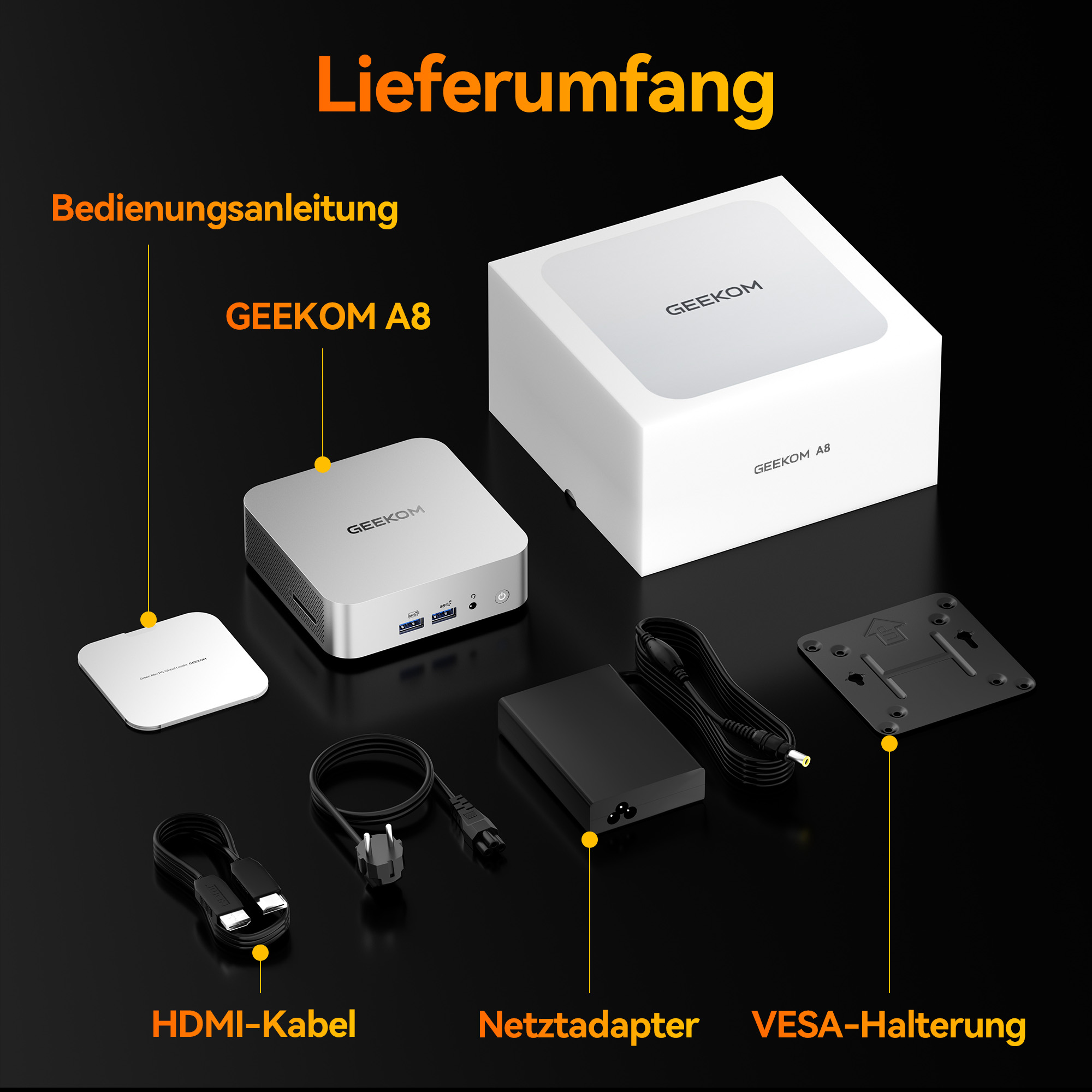 Verschiedene Computerkomponenten und Zubehör, einschließlich Computer, Netzteil, HDMI-Kabel und VESA-Halterung.