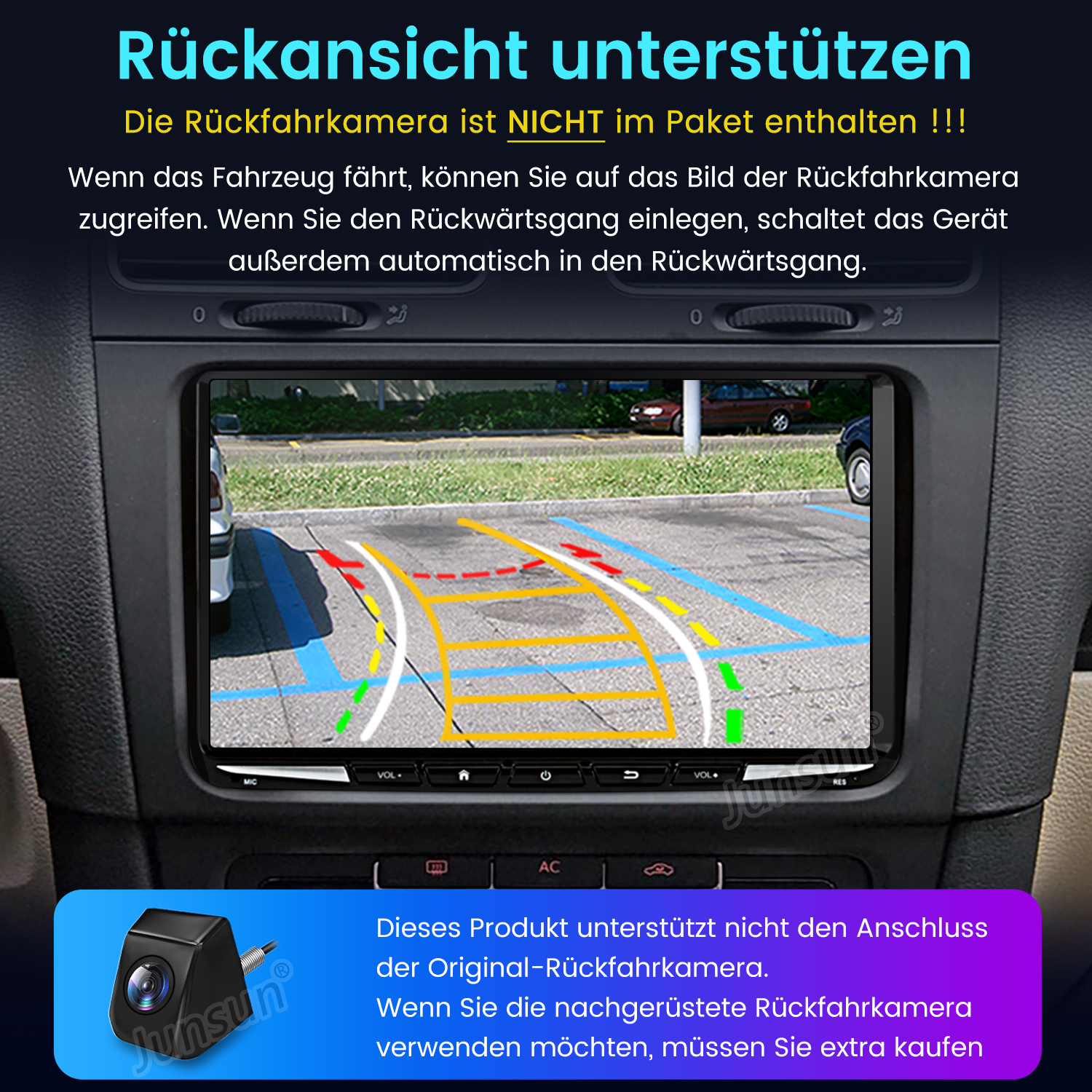 Das Armaturenbrett eines Autos mit einem Bildschirm, der eine Rückfahrkameransicht zeigt. Der Bildschirm zeigt Parklinien und das Heck anderer Fahrzeuge.