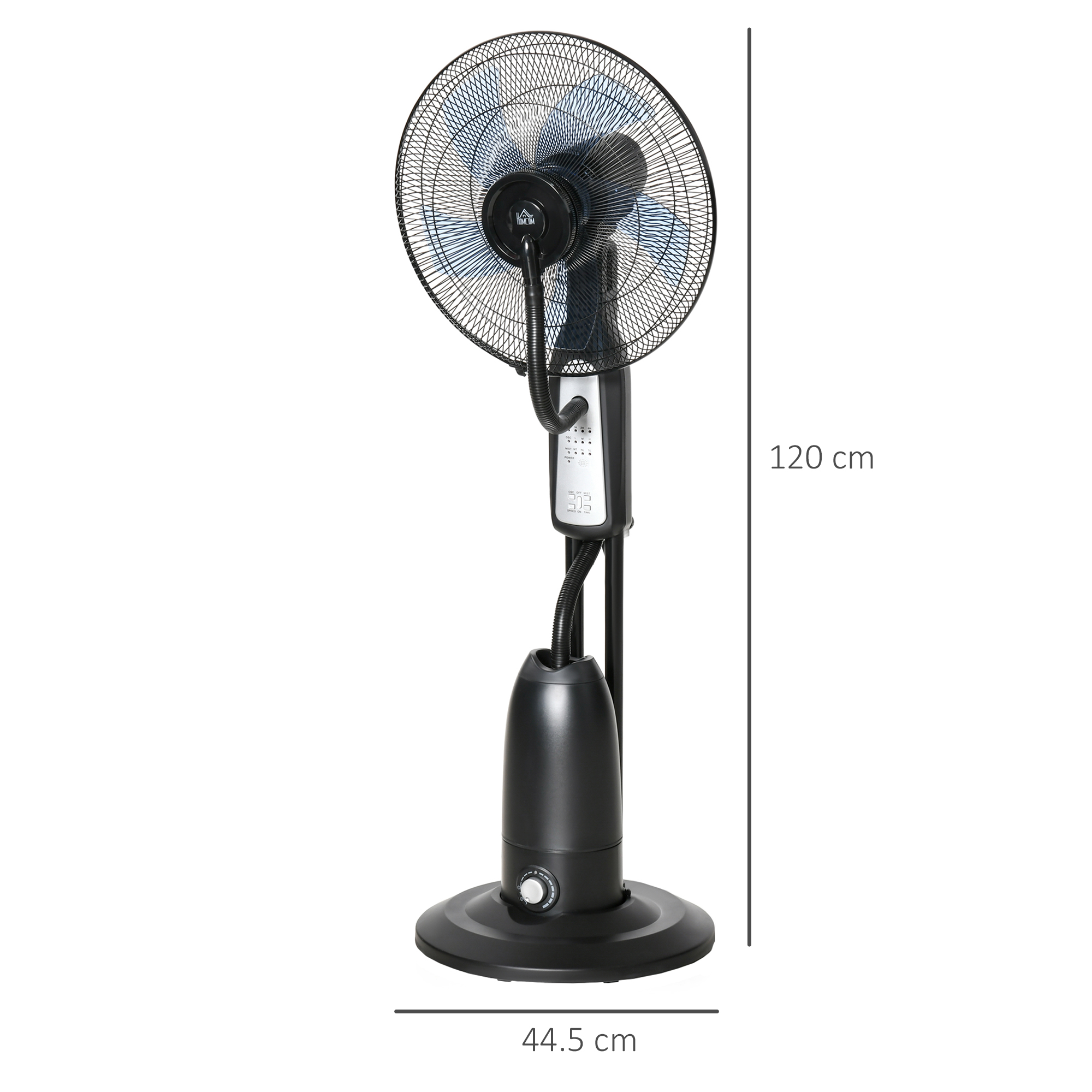Un ventilatore nebulizzatore nero si erge su uno sfondo bianco, mostrando le dimensioni.