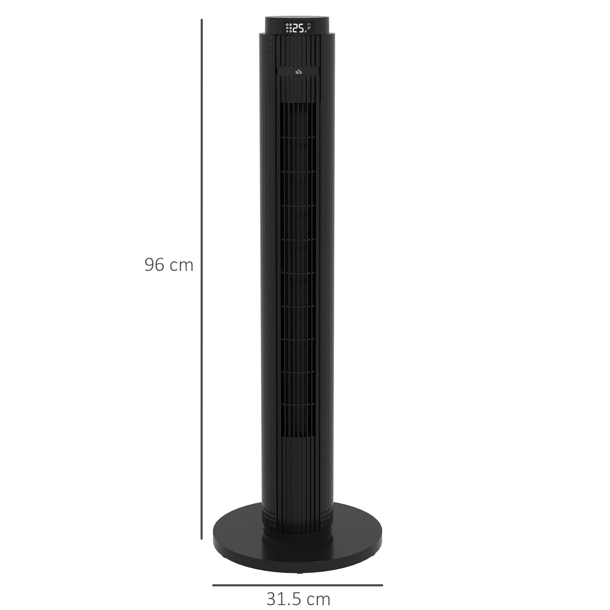 Un ventilatore a torre nero si erge su uno sfondo bianco, mostrando le dimensioni.