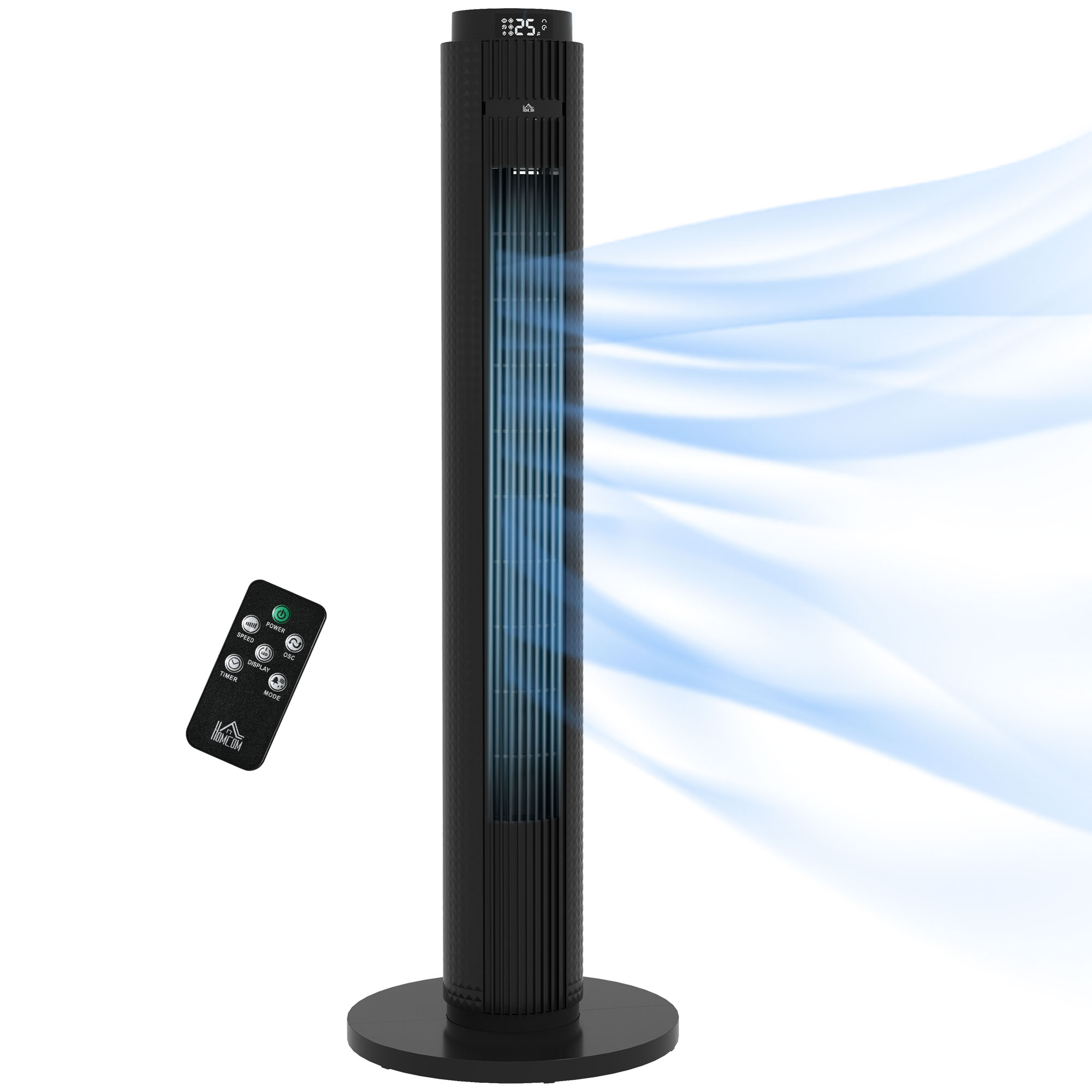 Un ventilatore a torre nero con telecomando emette aria fresca su uno sfondo bianco.