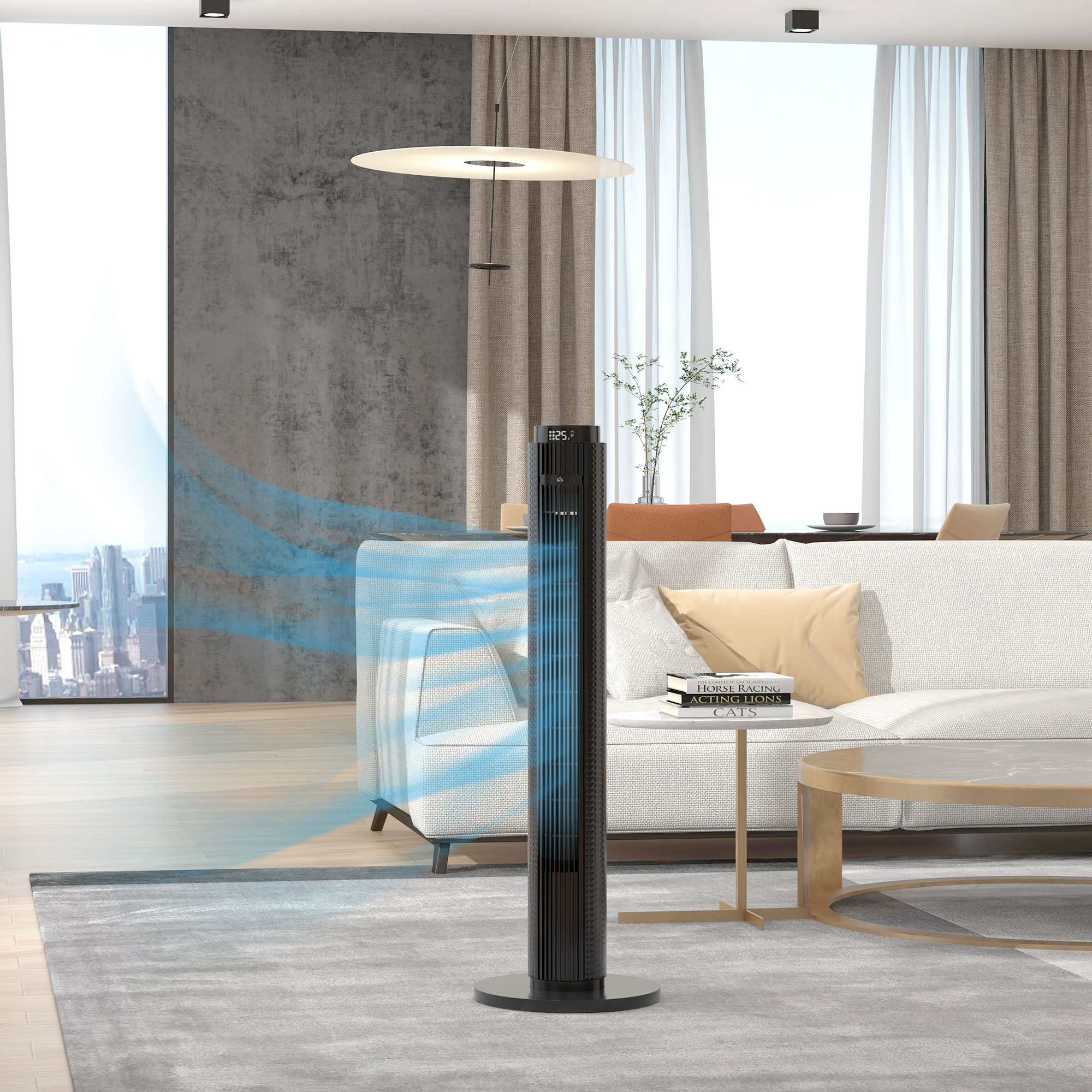 Un ventilatore a torre nero emette aria fresca in un moderno soggiorno.