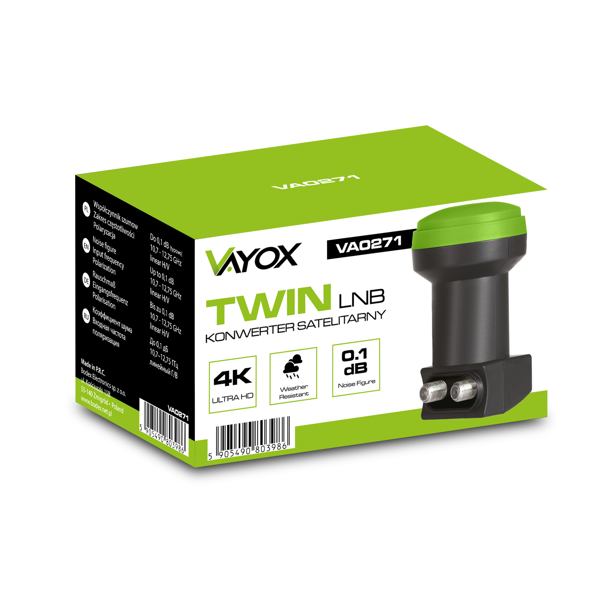 Zielone i czarne pudełko odbiornika satelitarnego. Napisy na pudełku to 'Twin LNB', '4K' i '0.1 dB'.