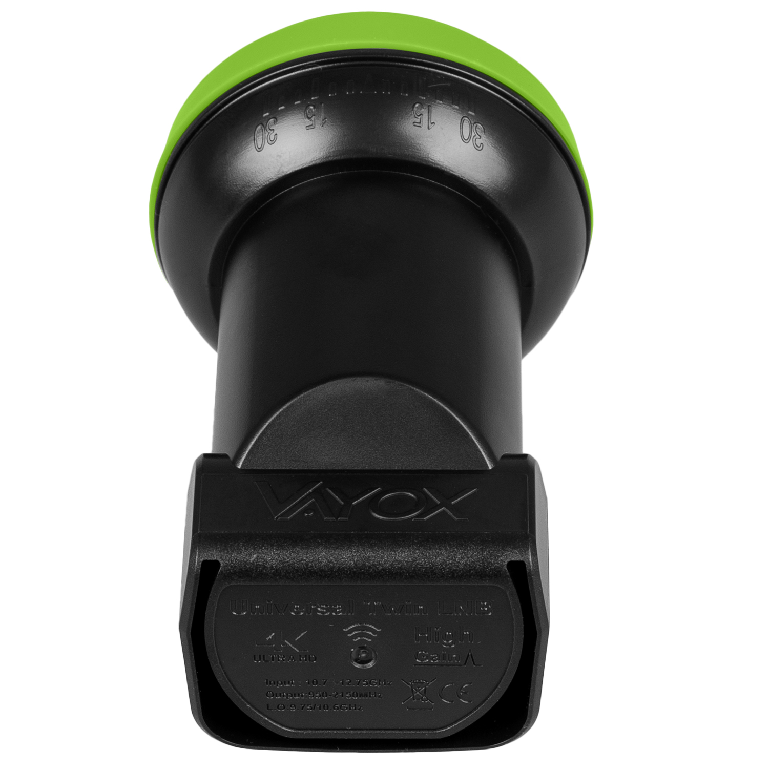 Zbliżenie czarnego odbiornika satelitarnego z zielonym wierzchem. Ma 'Vayox' z przodu i złącze.