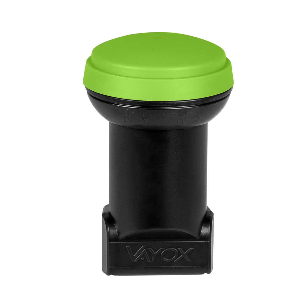 Czarny odbiornik satelitarny z zielonym wierzchem. Odbiornik jest zorientowany prosto. Wierzch jest okrągły.