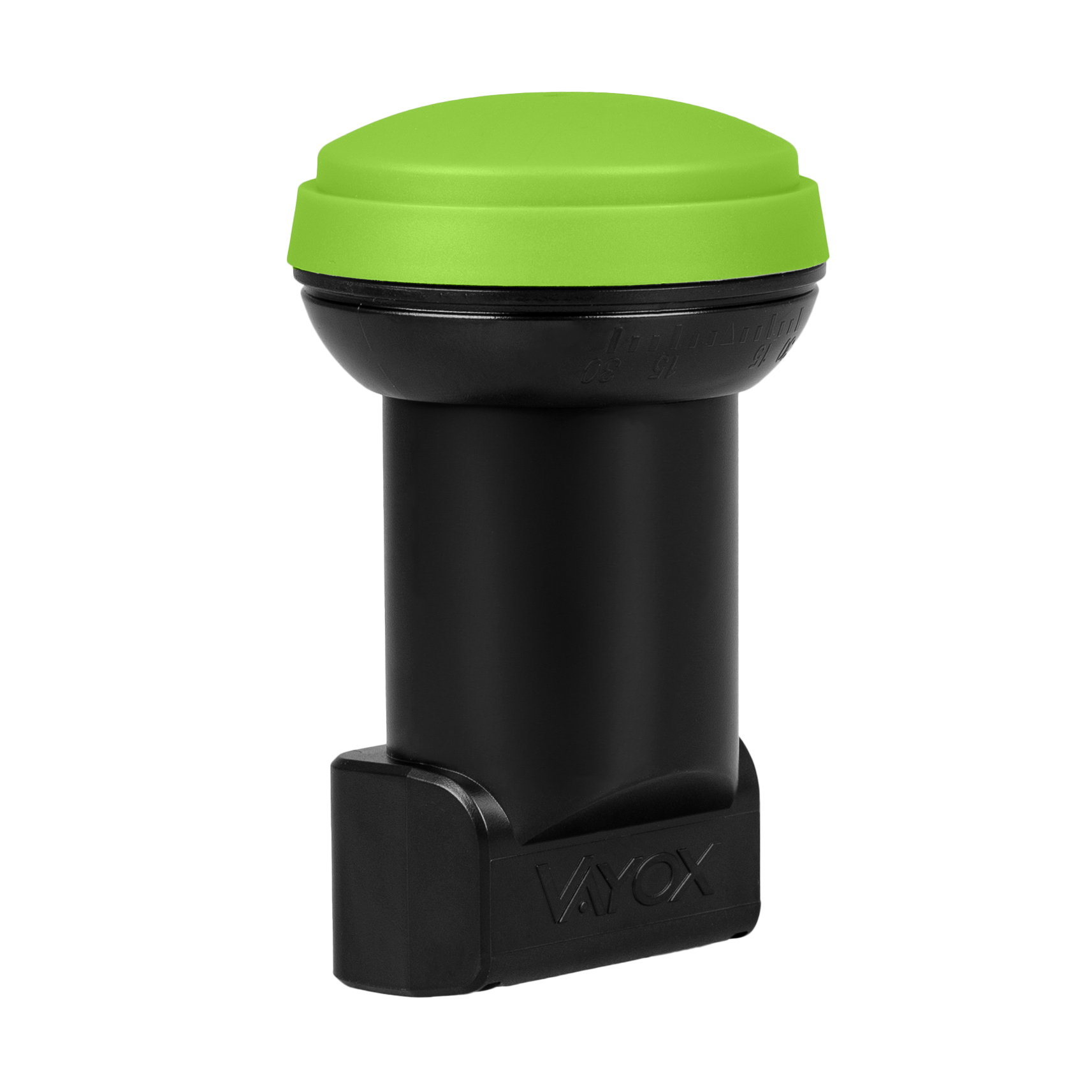 Czarny odbiornik satelitarny z zielonym wierzchem. Ma 'Vayox' z przodu i unikalny kształt.