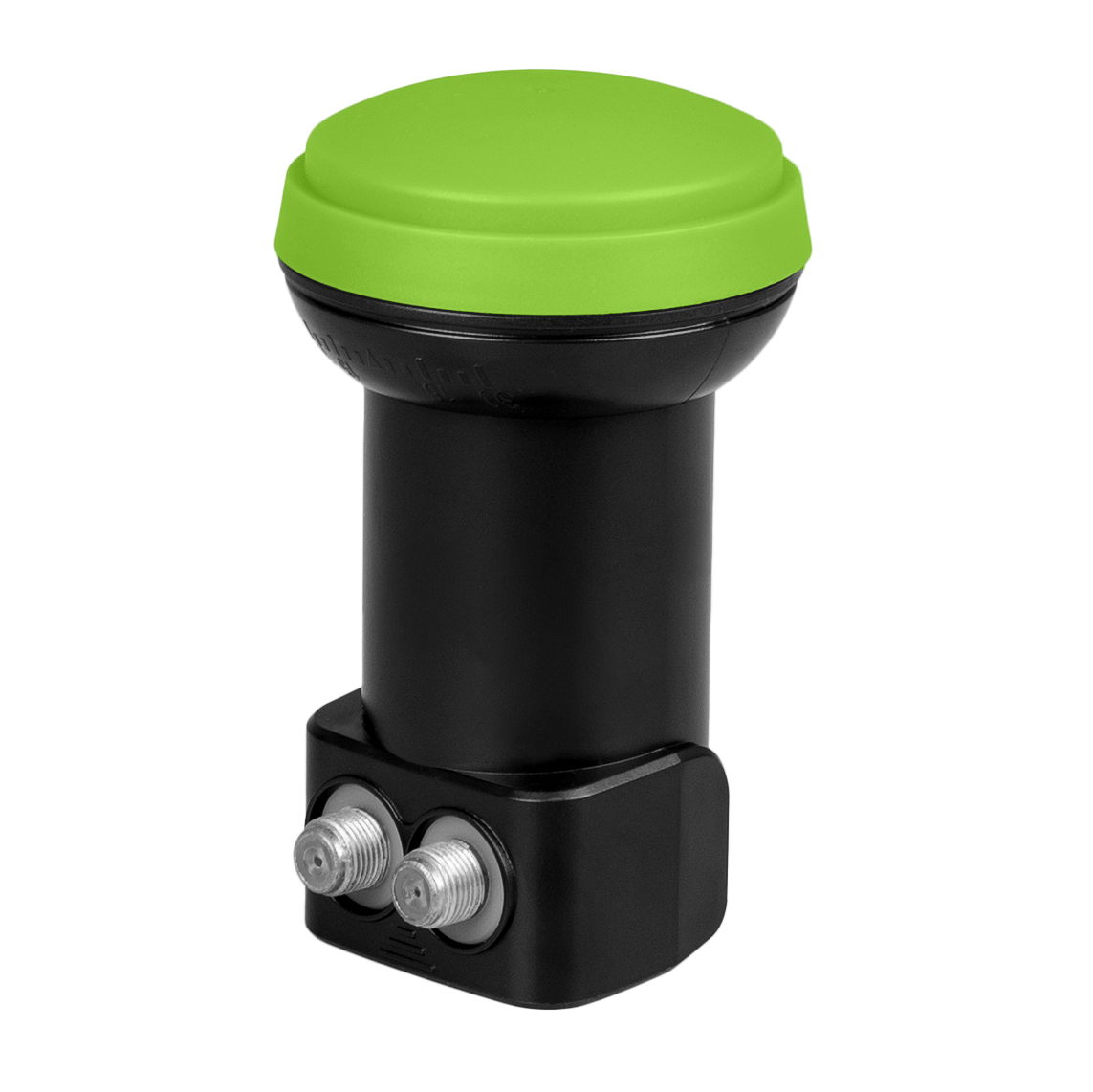 Czarny odbiornik satelitarny z zielonym wierzchem. Ma dwa srebrne porty na dole. Widoczne jest 'Vayox'.