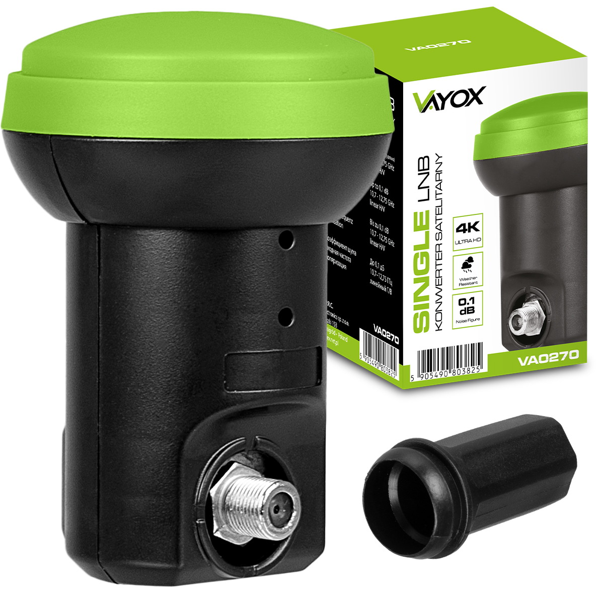 Odbiornik satelitarny z zielonym wierzchem i czarnym korpusem. Jest pudełko i odłączony czarny element.