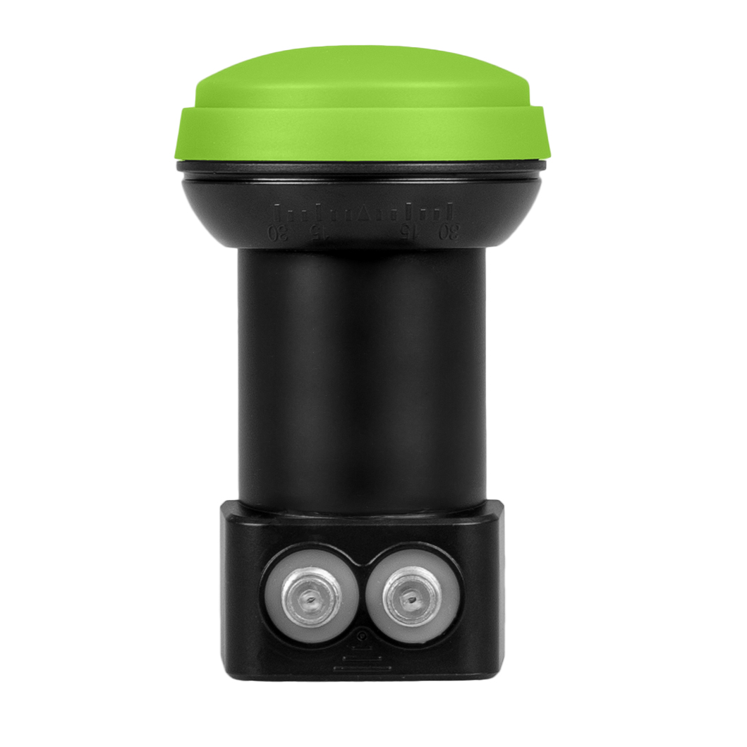 Czarny i zielony odbiornik satelitarny z dwoma portami połączeniowymi na dole.