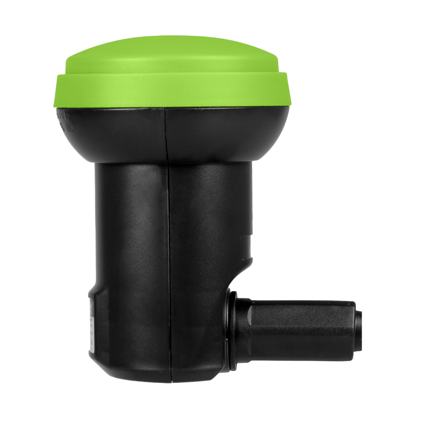 Czarny odbiornik satelitarny z zielonym wierzchem, pod kątem. Złącze widoczne z boku. To zbliżenie.