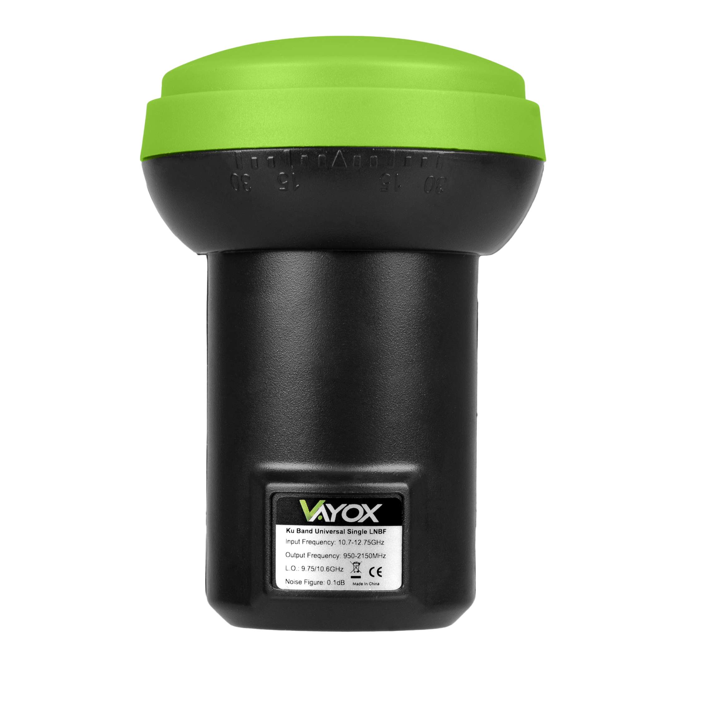 Czarny i zielony odbiornik satelitarny ze szczegółami tekstowymi na dole.