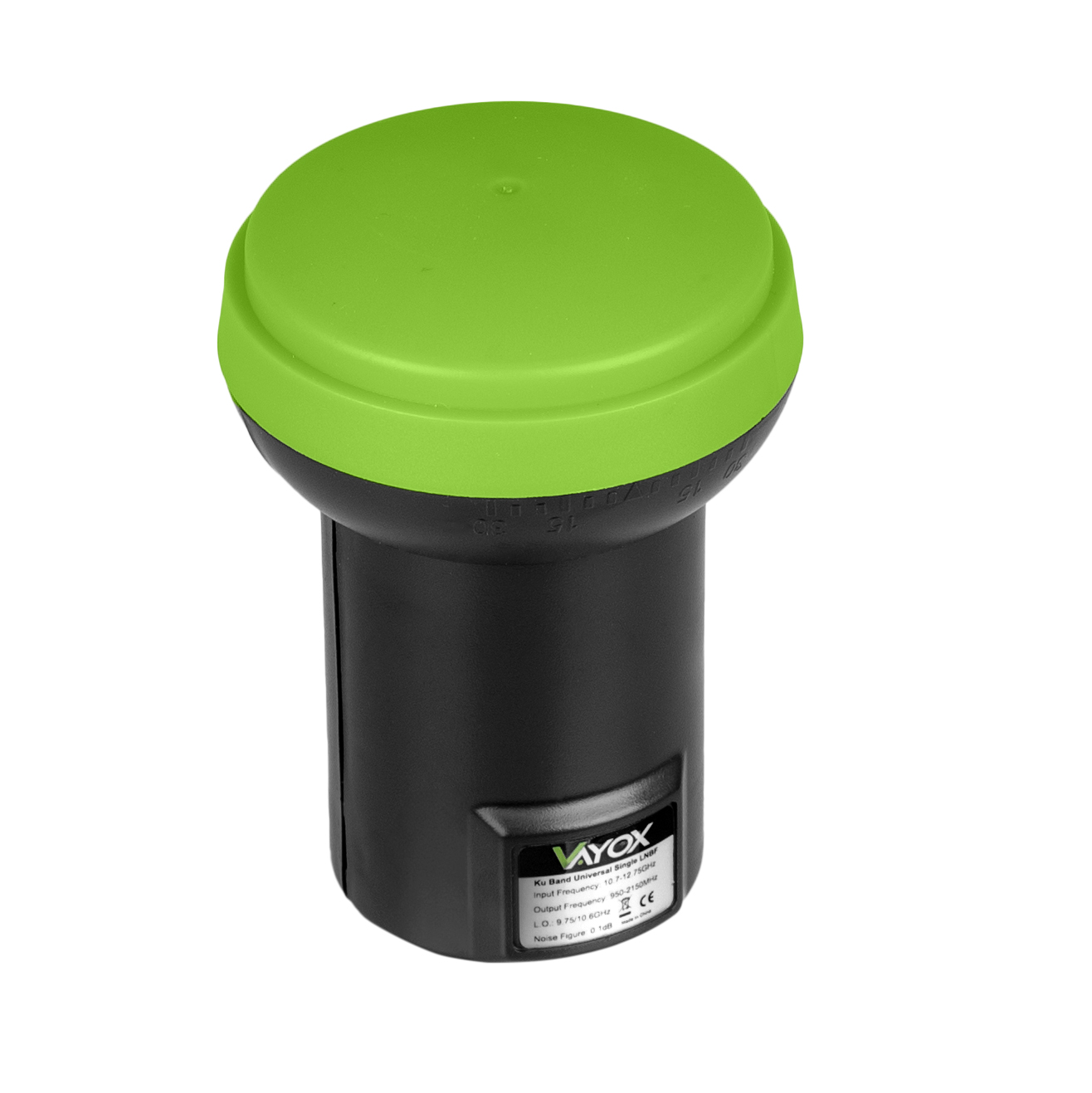 Czarny odbiornik satelitarny z zielonym wierzchem. Odbiornik ma etykietę na dole z tekstem i logo.