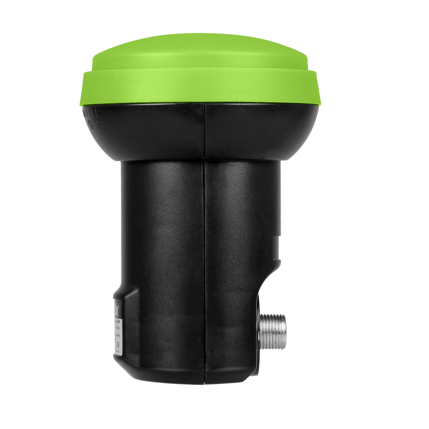 Czarny odbiornik satelitarny z zielonym wierzchem. Ma złącze z boku. Odbiornik jest pochylony.