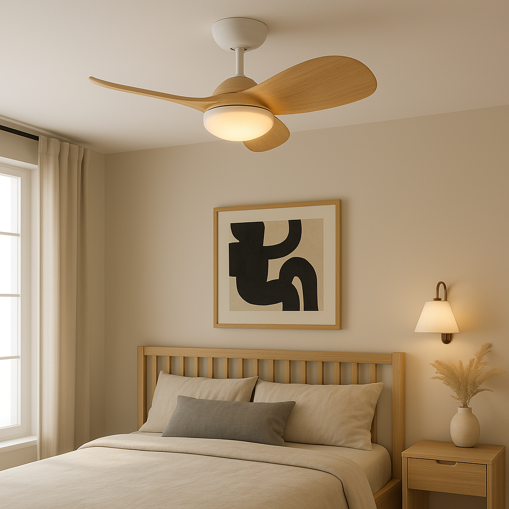 Una camera da letto con un ventilatore da soffitto sopra un letto. Un quadro sul muro e una lampada da comodino sono visibili.