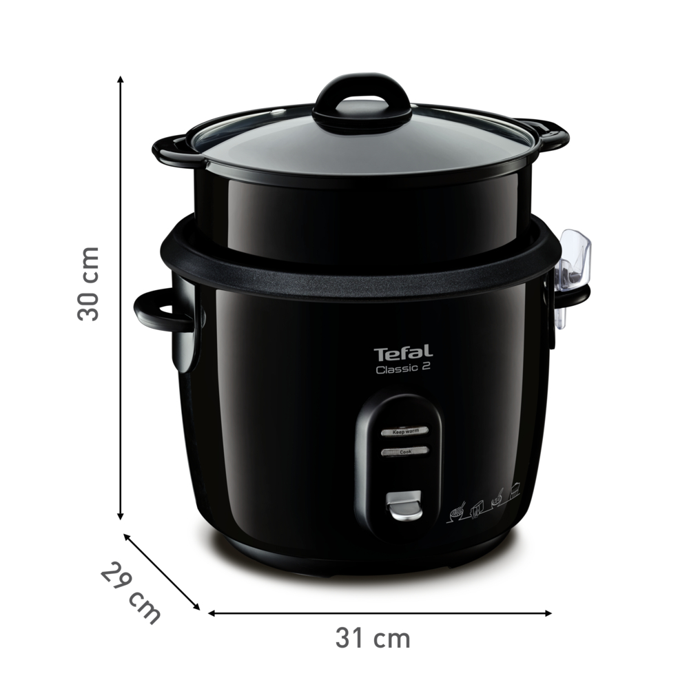 Arrocera negra con tapa de cristal. Dimensiones: 29x31x30cm. Tefal Classic 2.