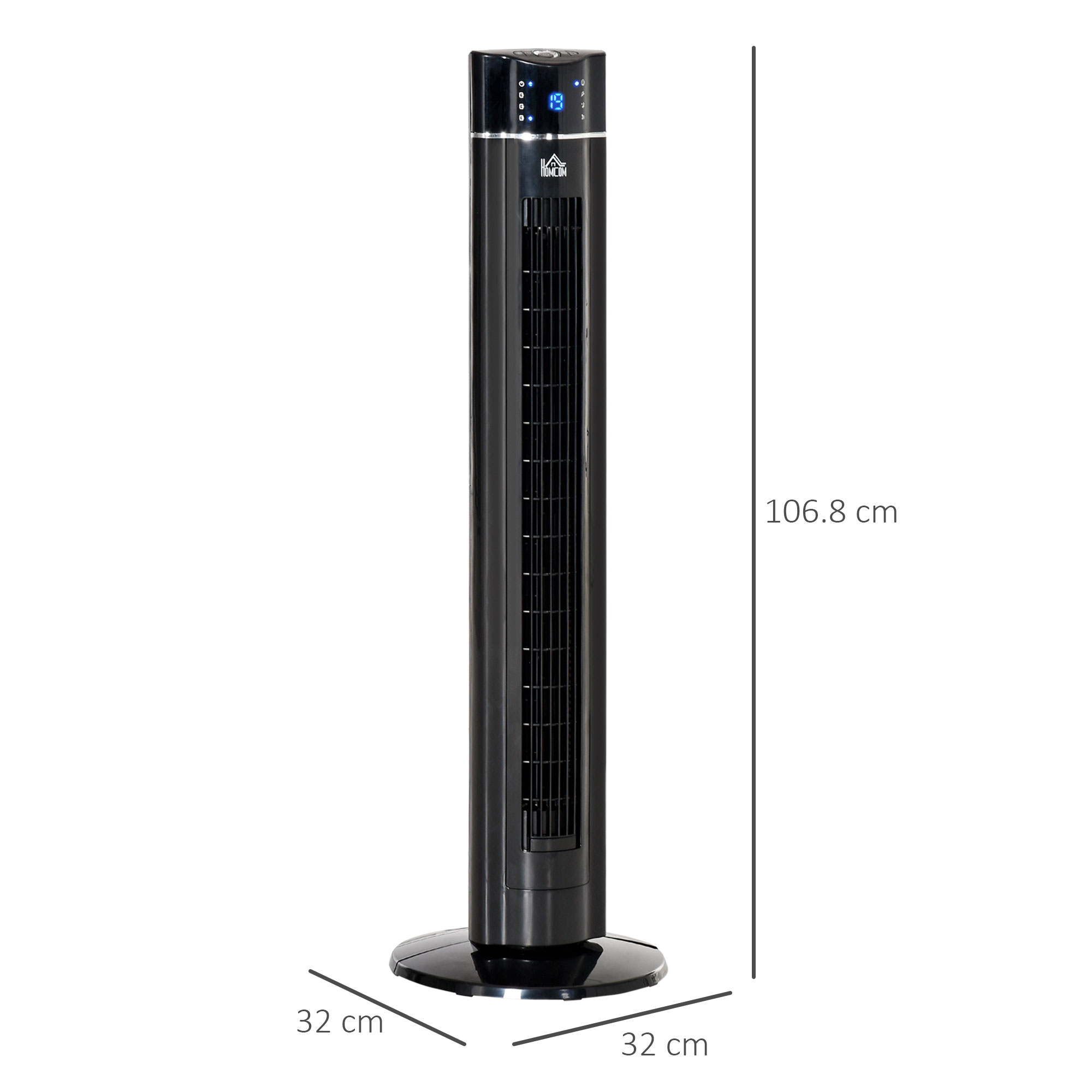 Ventilatore a torre nero. Dimensioni: 32x32x106,8cm. Il ventilatore è alto.