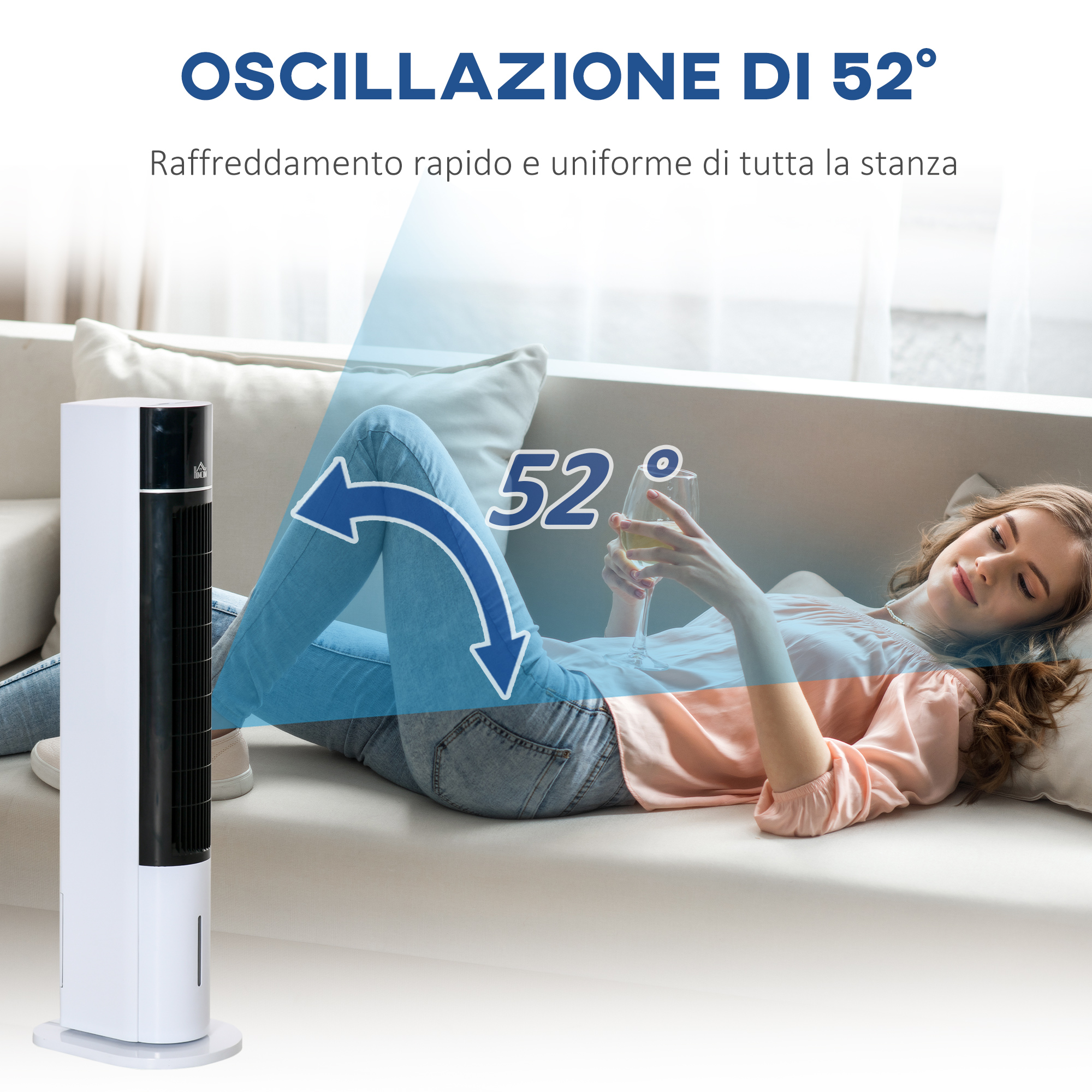 Ventilatore a torre bianco e nero. Donna su divano con bicchiere e testo: Oscillation di 52°.