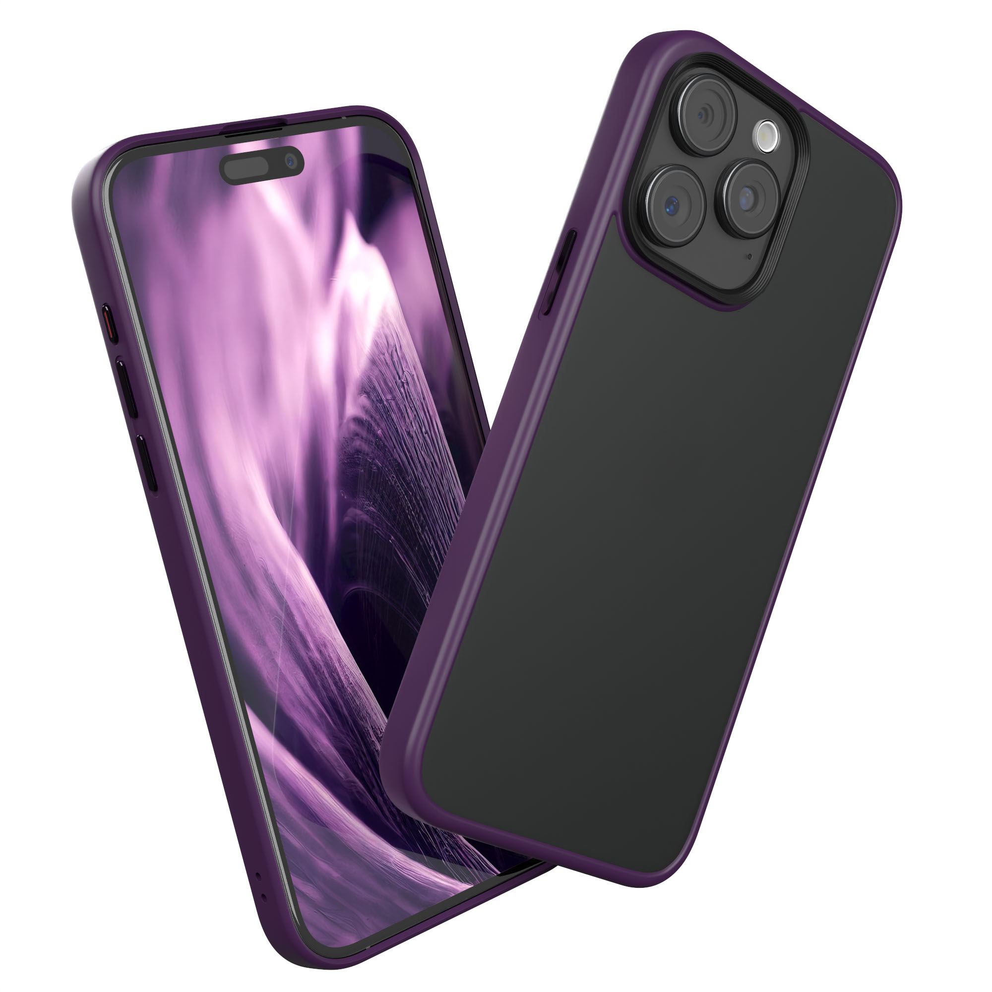 Zwei iPhones in lila Hüllen, eines mit einem lila abstrakten Bildschirm.