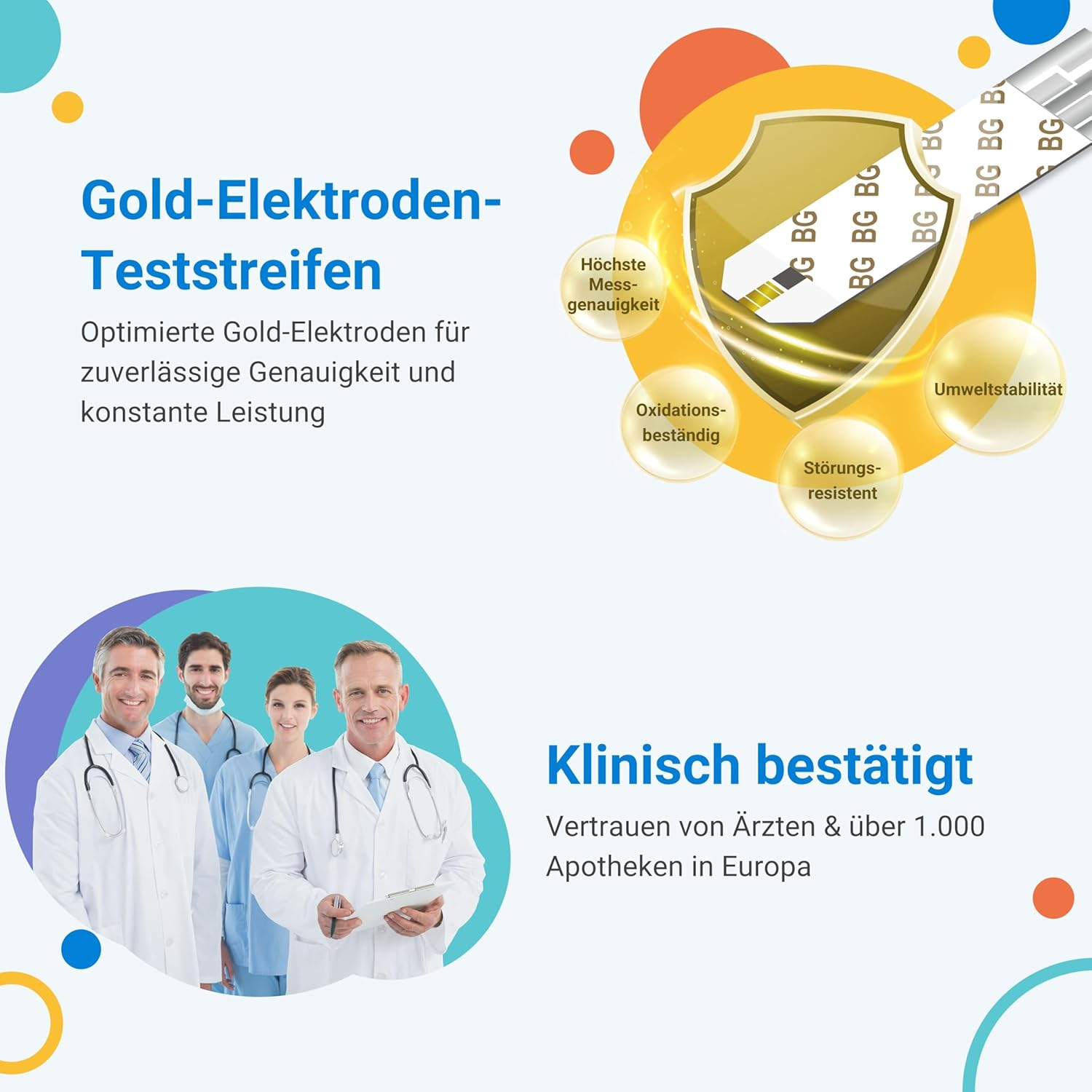 Imagen mostrando médicos con texto sobre electrodos de oro y validación clínica. Hay un escudo gráfico.