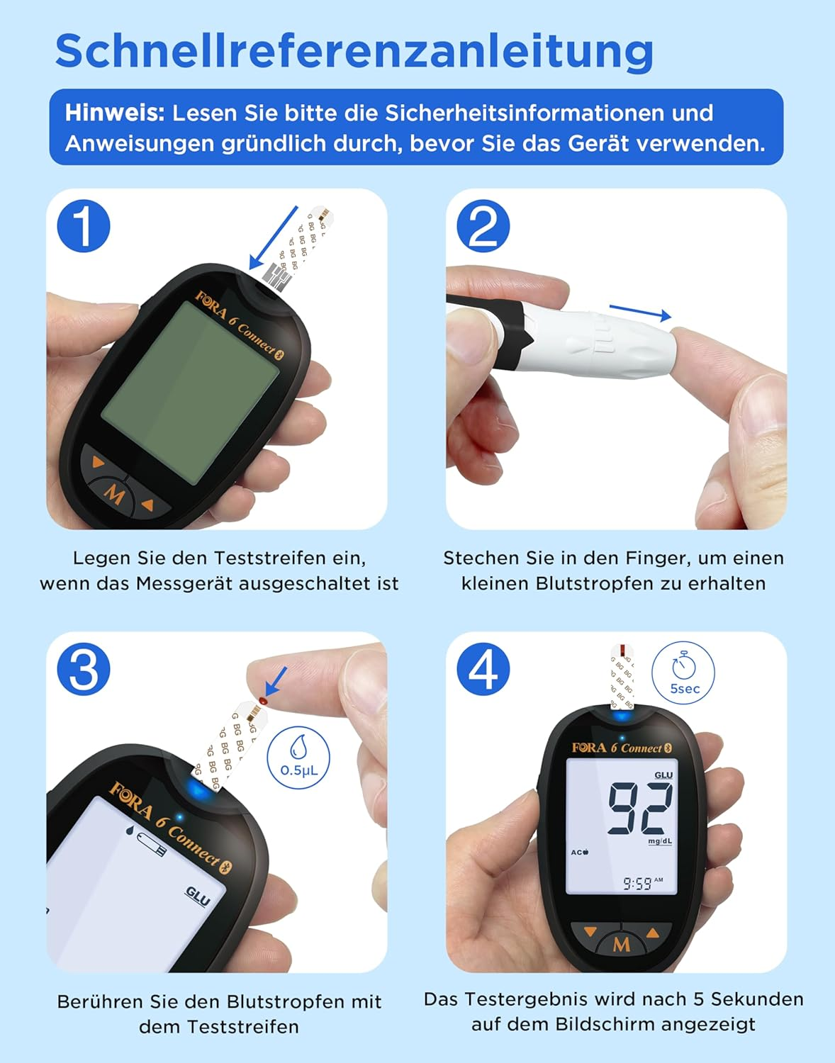 Las instrucciones muestran cómo usar un medidor de glucosa en sangre: insertar la tira, pinchar el dedo, aplicar sangre y obtener el resultado.