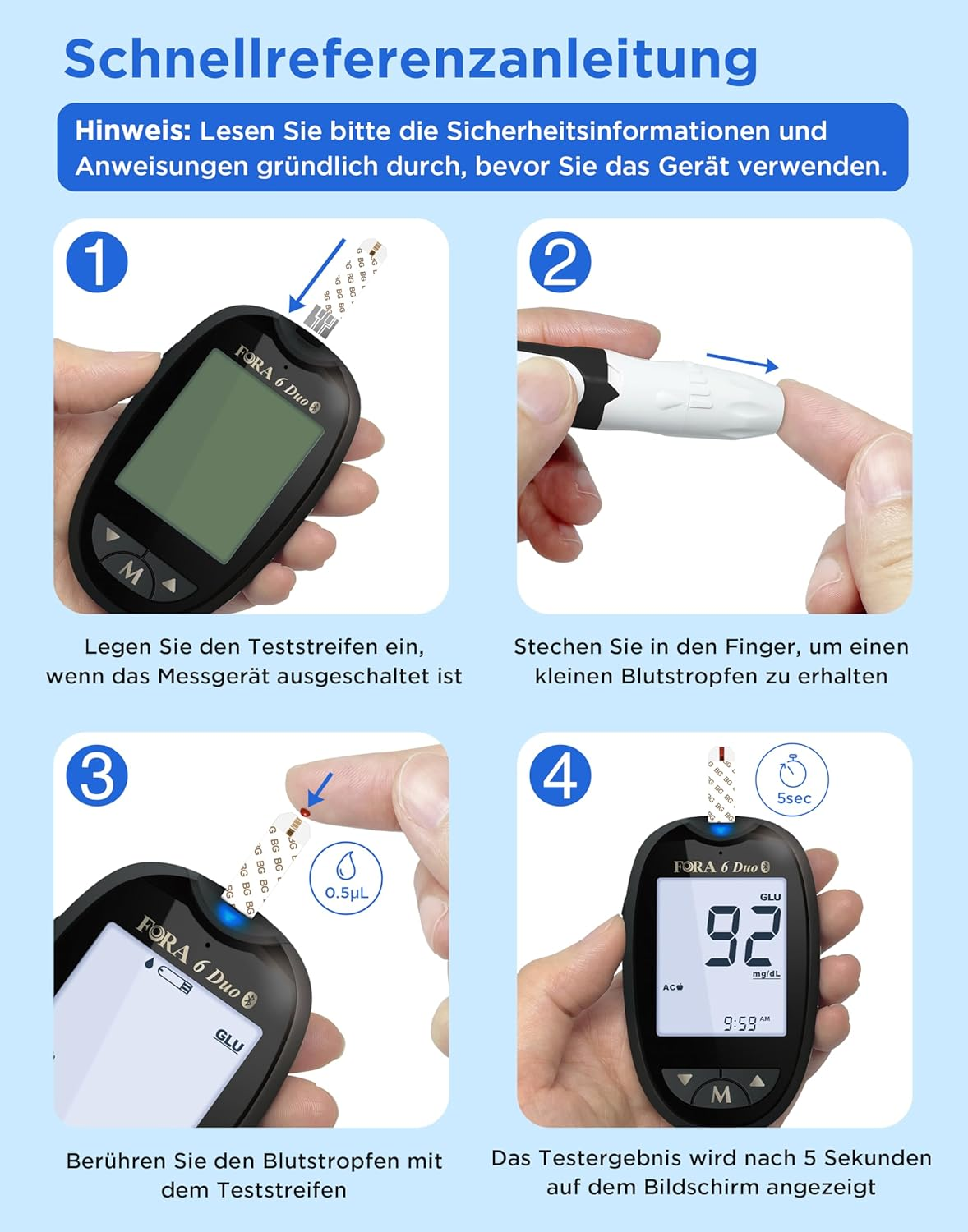 Instrucciones muestran cómo usar un medidor de glucosa: insertar una tira, pinchar el dedo, aplicar sangre y leer el resultado.