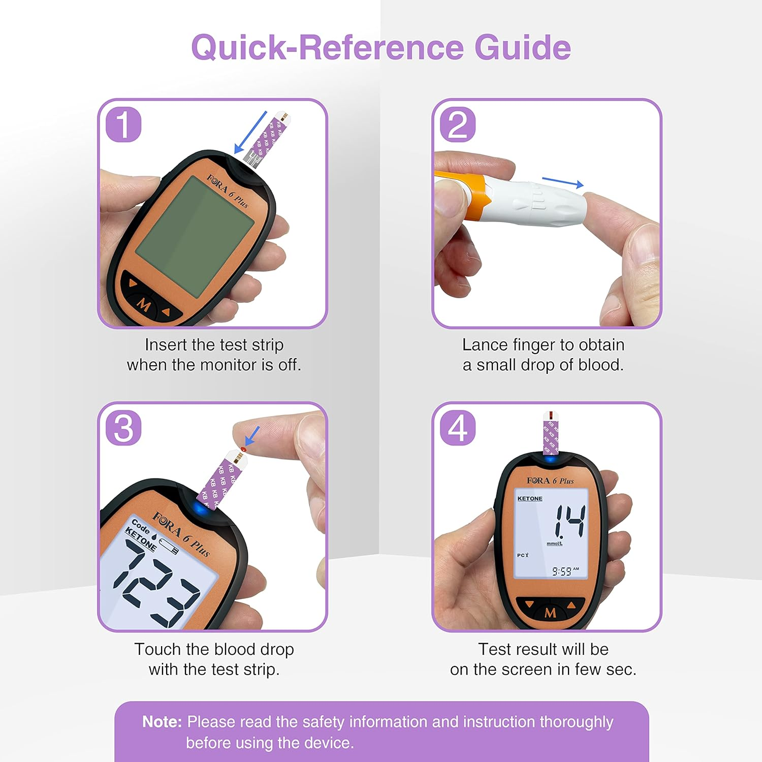 Instrucciones para usar un medidor de glucosa: insertar la tira, aplicar sangre y leer el resultado.