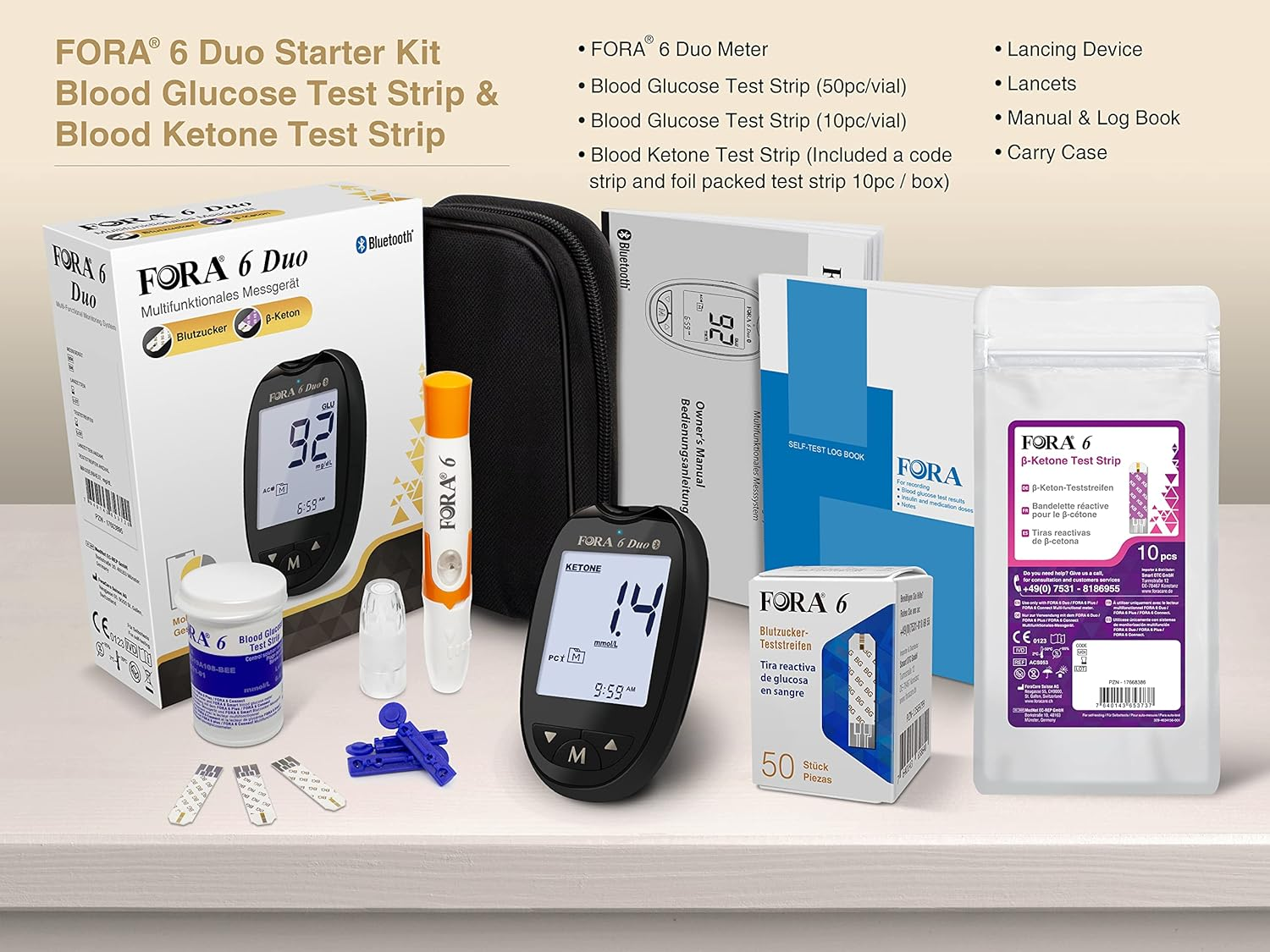 Un kit con medidor, tiras reactivas, lancetas y estuche.