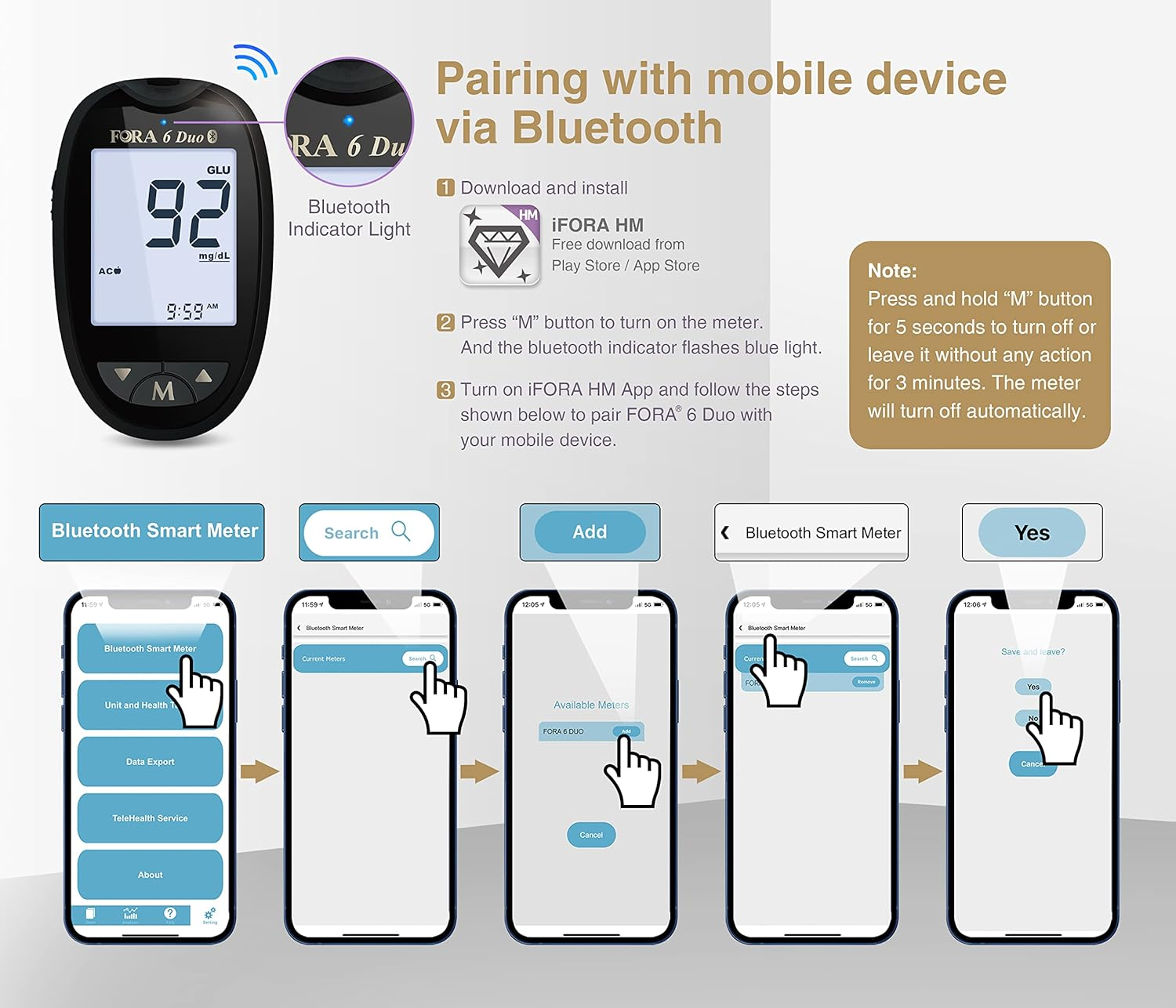 Instrucciones para emparejar un medidor FORA 6 Duo vía Bluetooth a un smartphone para usar la app iFORA HM.