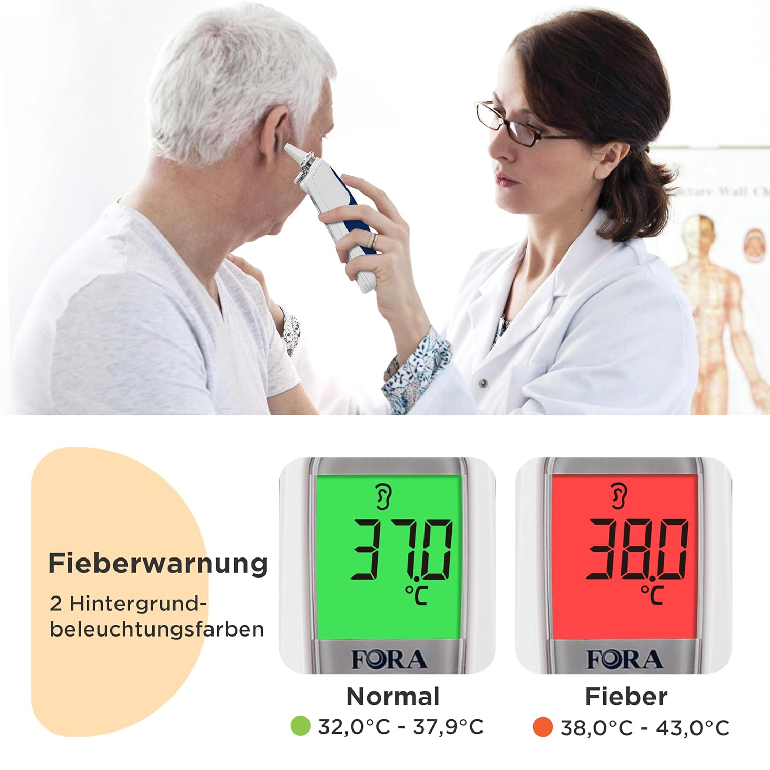 Un médico toma la temperatura de un paciente con un termómetro de oído. Las pantallas muestran las lecturas.