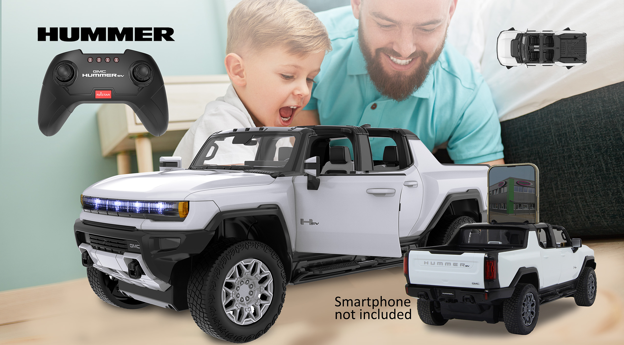 Ein Kind spielt mit einem weißen Hummer EV Spielzeugauto, einer Fernbedienung.