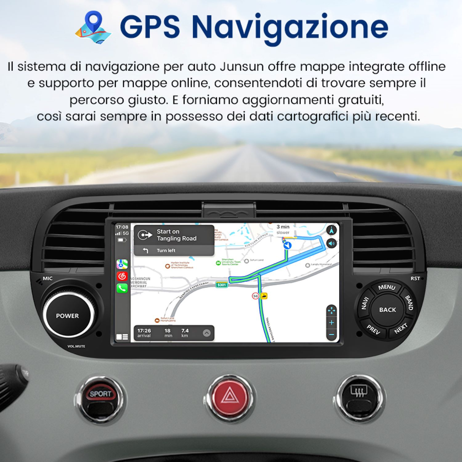 Cruscotto auto con navigazione GPS visualizzata sullo schermo. La mappa mostra una strada e le aree circostanti.