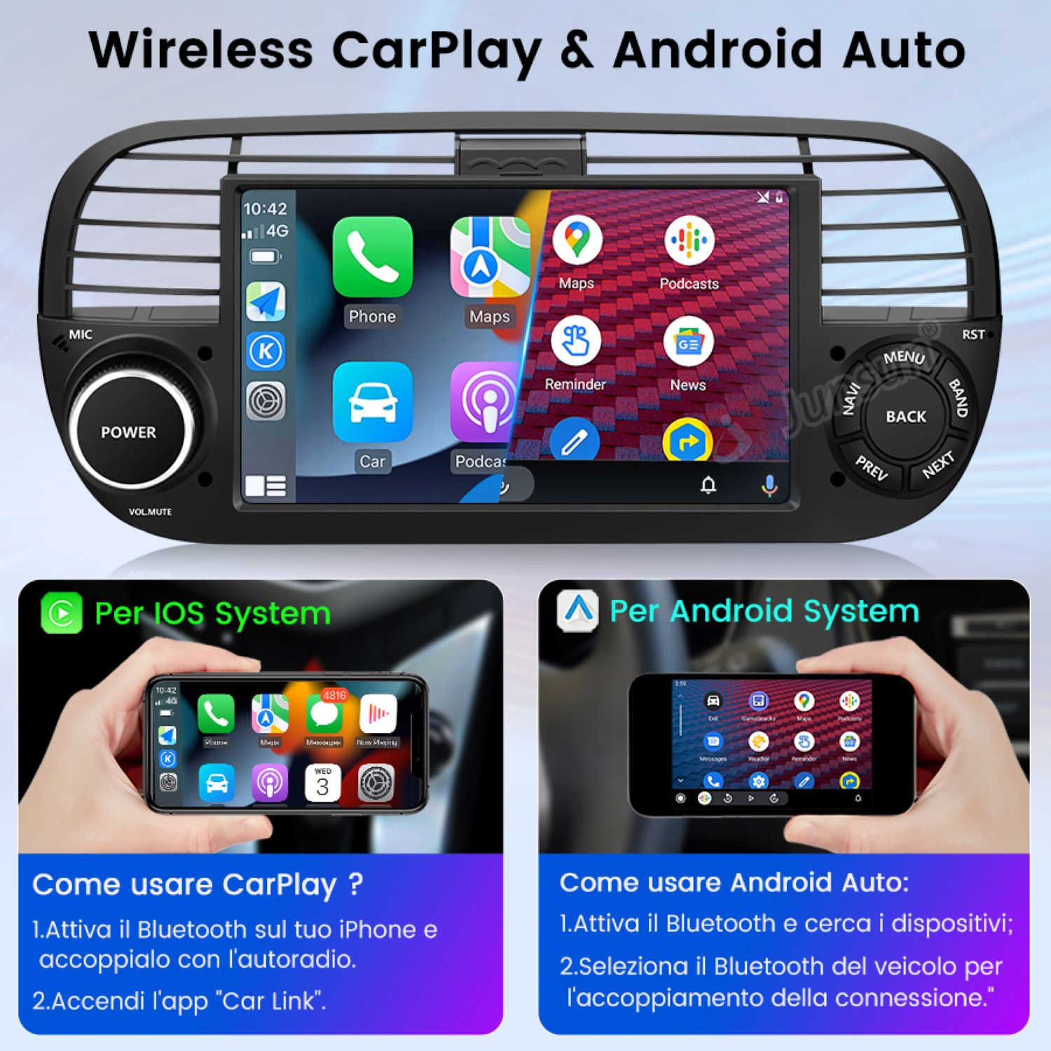 Cruscotto auto con schermo che mostra icone di app per CarPlay e Android Auto. Telefoni mostrati sotto.